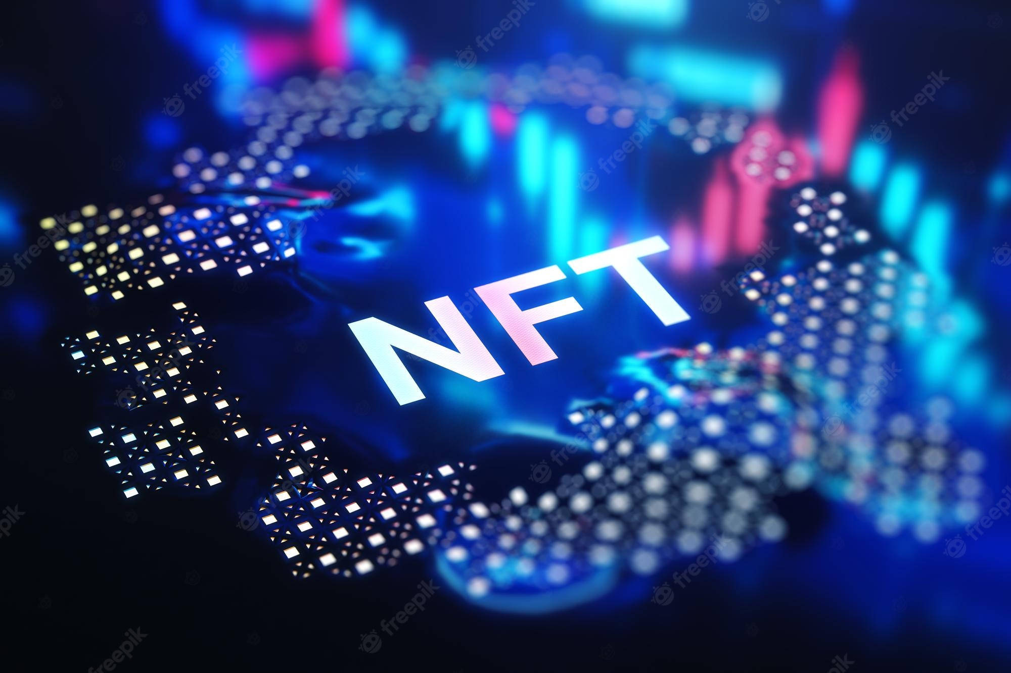 科學 桌布 壁紙 — 發光的NFT文字漂浮在一個帶有像素化城市燈光的數位地球儀上方，呈現鮮豔的藍色和粉紅色調。