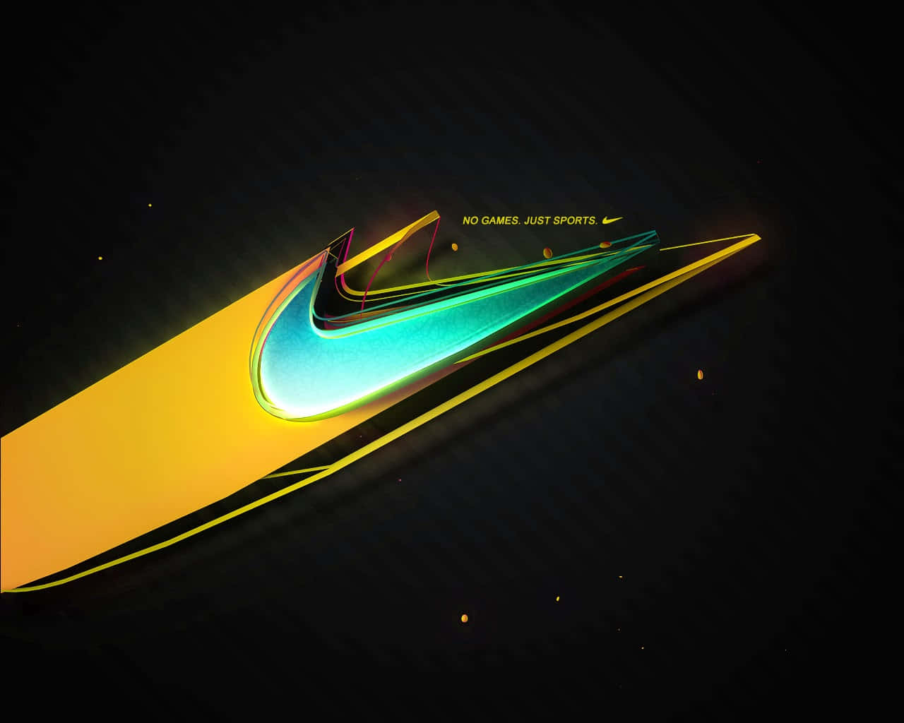 Nike 桌布 壁紙 — 發光的Nike勾勾在黑暗背景上散發著霓虹黃和青色，並帶有浮動粒子和文字no games just sports。