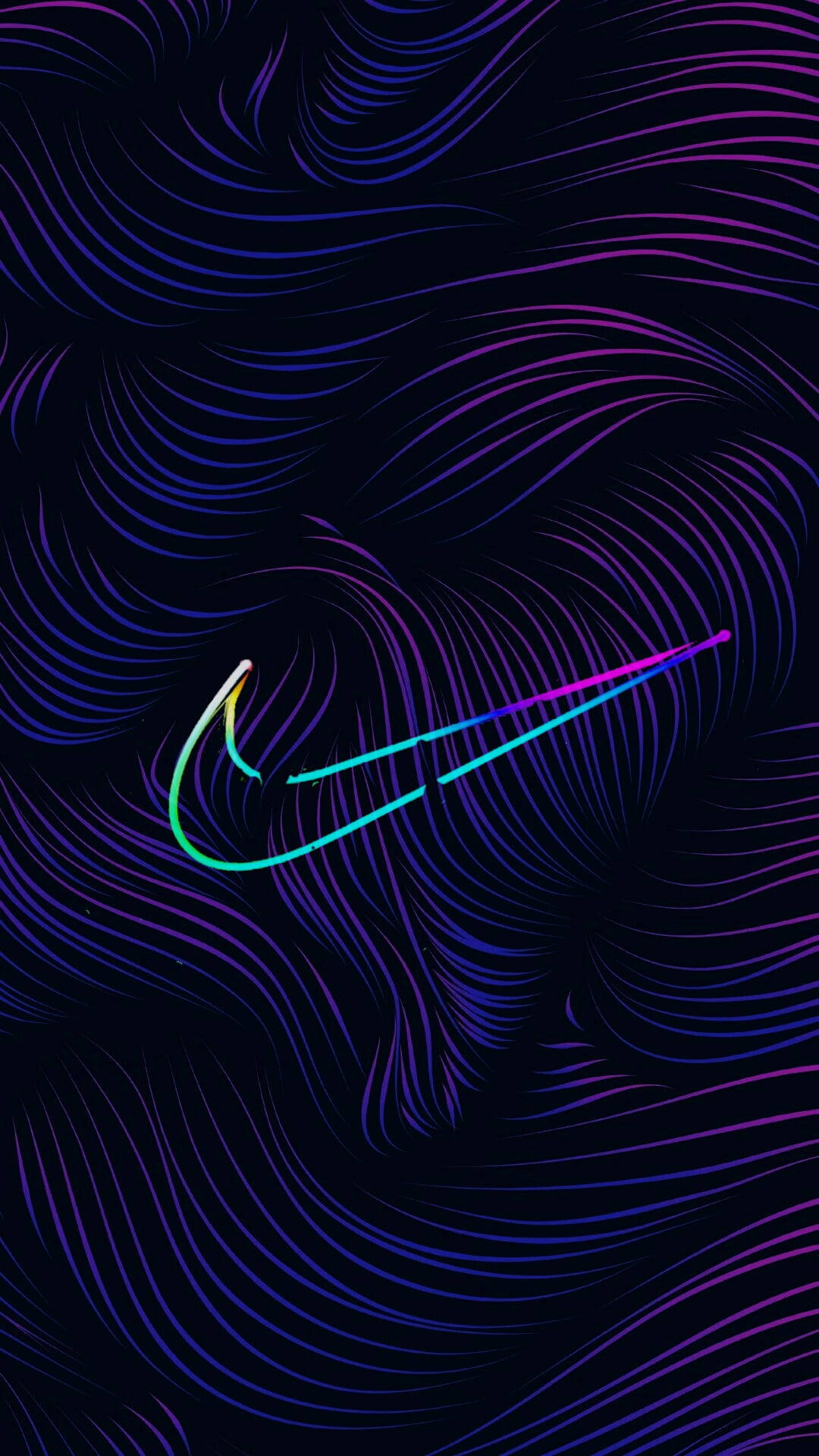 Nike iPhone 桌布 壁紙 — 發光的Nike勾號以彩虹漸層漂浮在旋轉的深藍色和紫色霓虹線上。