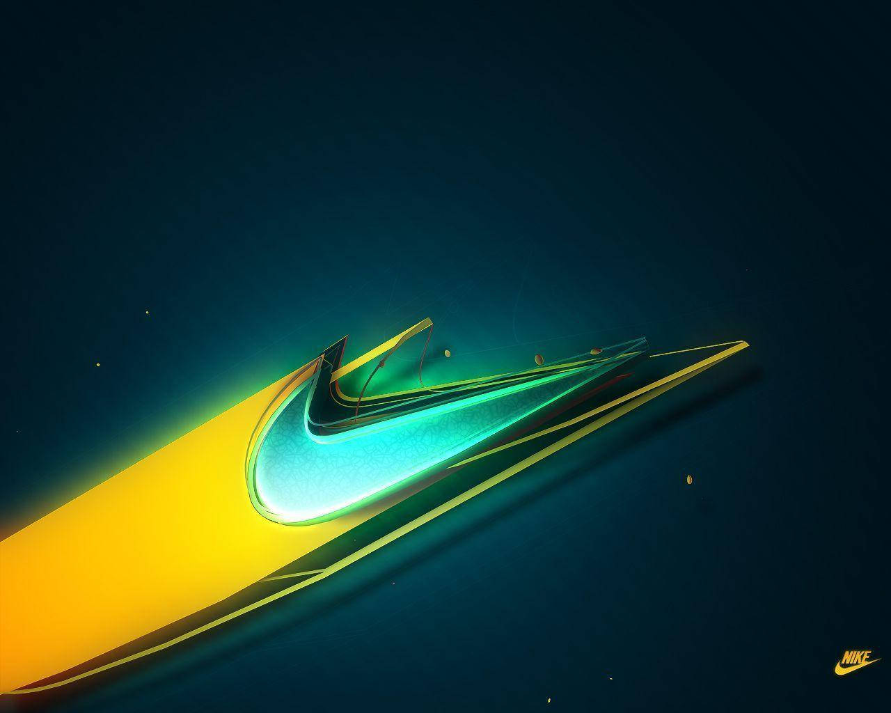 Cool Nike 桌布 壁紙 — 發光的Nike勾號在深邃宇宙藍色背景上散發出鮮豔的黃色和藍綠色，並帶有漂浮的粒子。