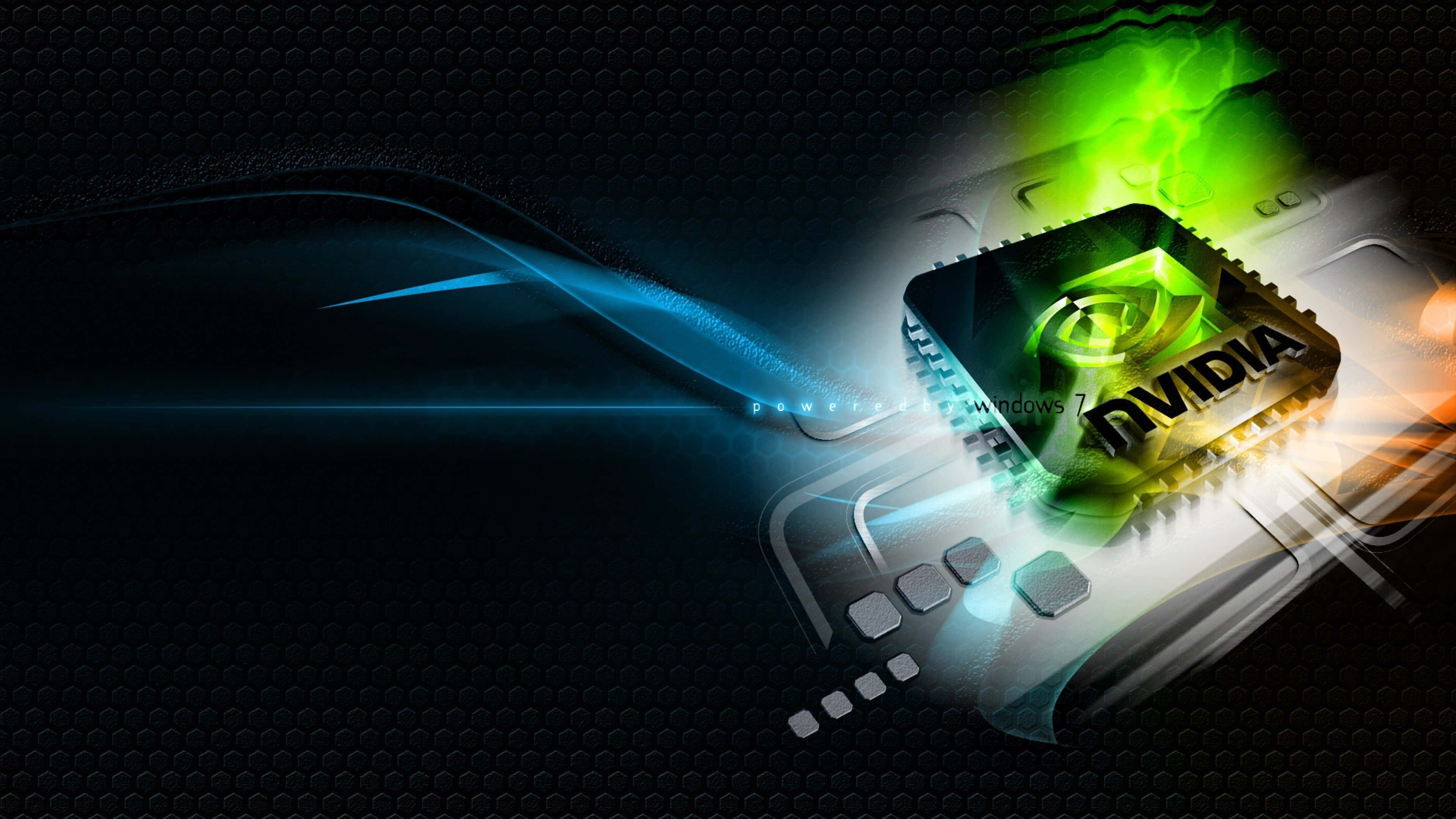Nvidia 4K UHD 桌布 壁紙 — 發光的NVIDIA圖形晶片在深色紋理背景上散發出鮮豔的綠色和藍色能量。