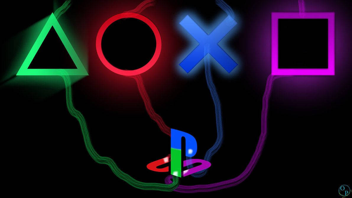 PlayStation 桌布 壁紙 — 發光的PlayStation控制器符號，由發光線條連接，背景為黑色。