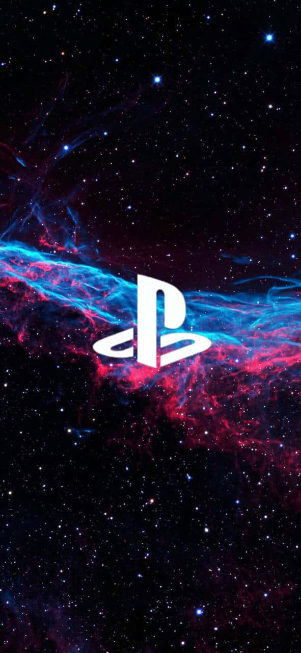 PlayStation 桌布 壁紙 — 發光的PlayStation標誌漂浮在藍色和粉紅色的鮮豔宇宙星雲中，背景是佈滿星星的黑色虛空。