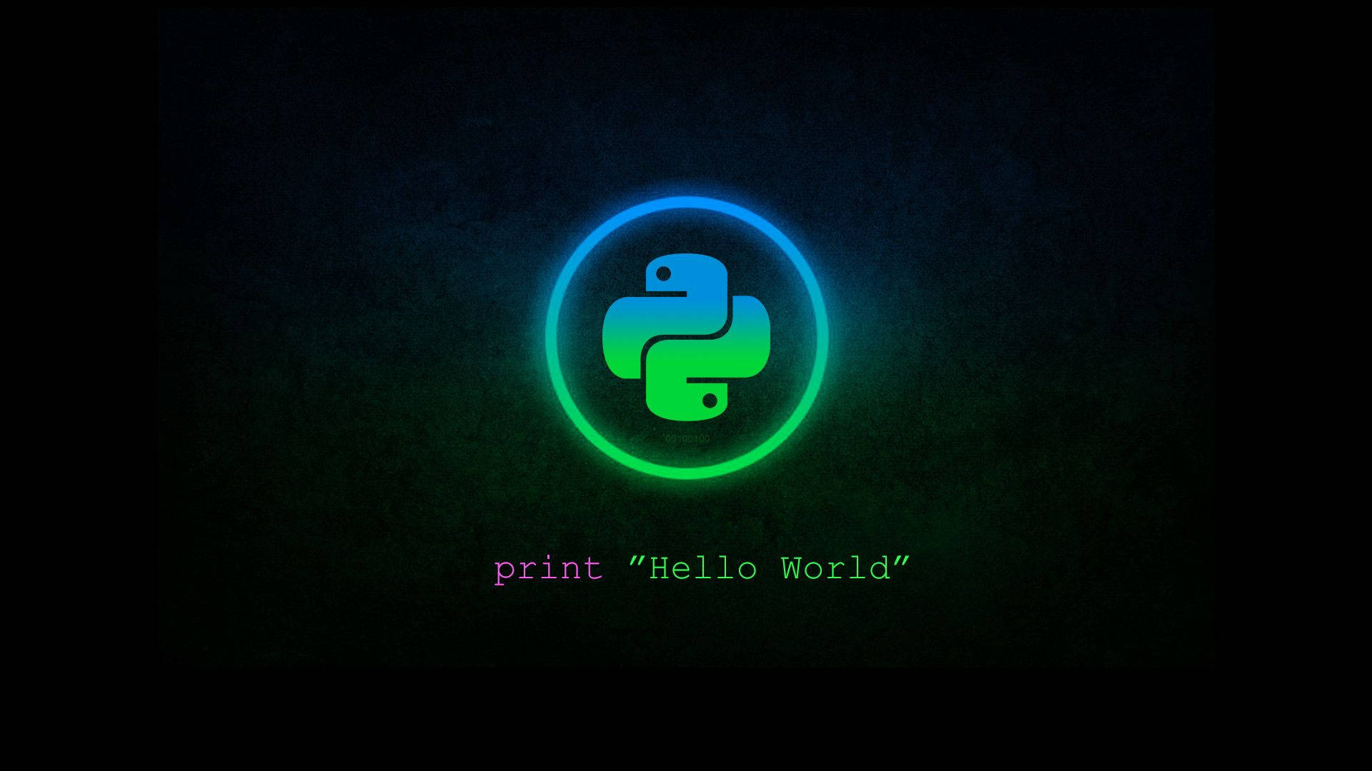 Programming 桌布 壁紙 — 發光的Python標誌，帶有霓虹藍和綠色圓圈，在深色紋理背景上，下方有'print Hello World'文字。