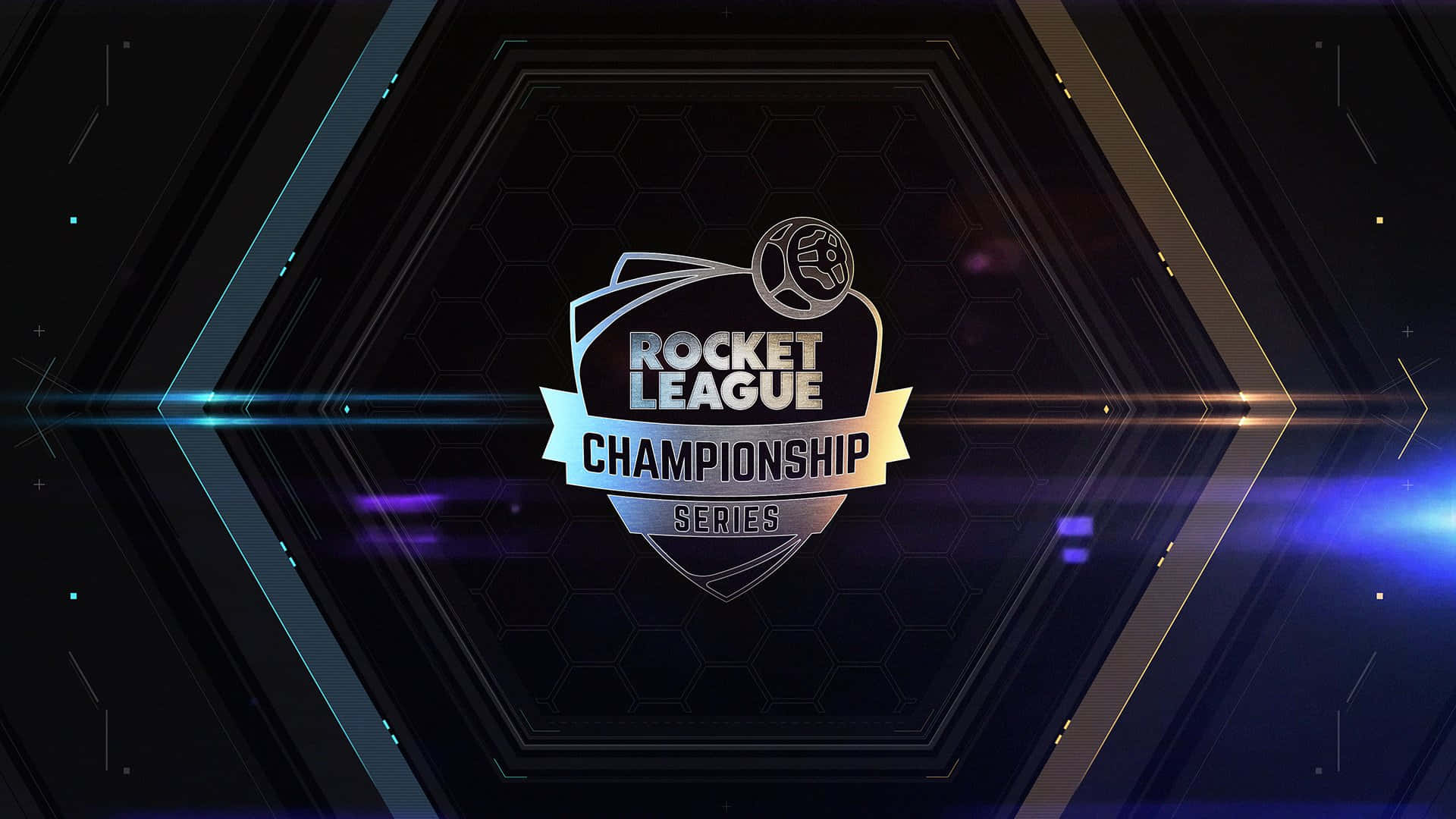 火箭聯盟 桌布 壁紙 — 發光的Rocket League Championship Series標誌，居中於一個未來主義的六邊形框架中，帶有霓虹藍和金色光條。