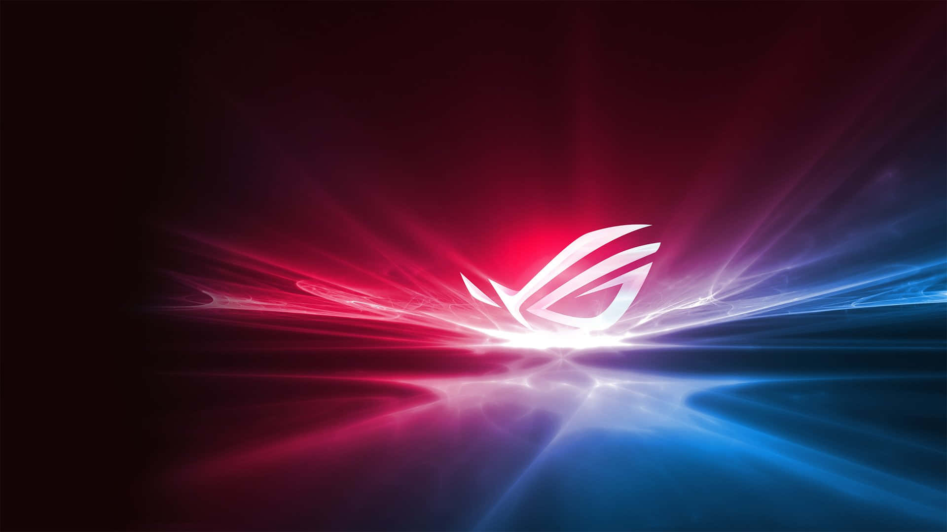ASUS 桌布 壁紙 — 發光的ROG標誌在深色背景上散發出鮮豔的紅色和藍色光束。