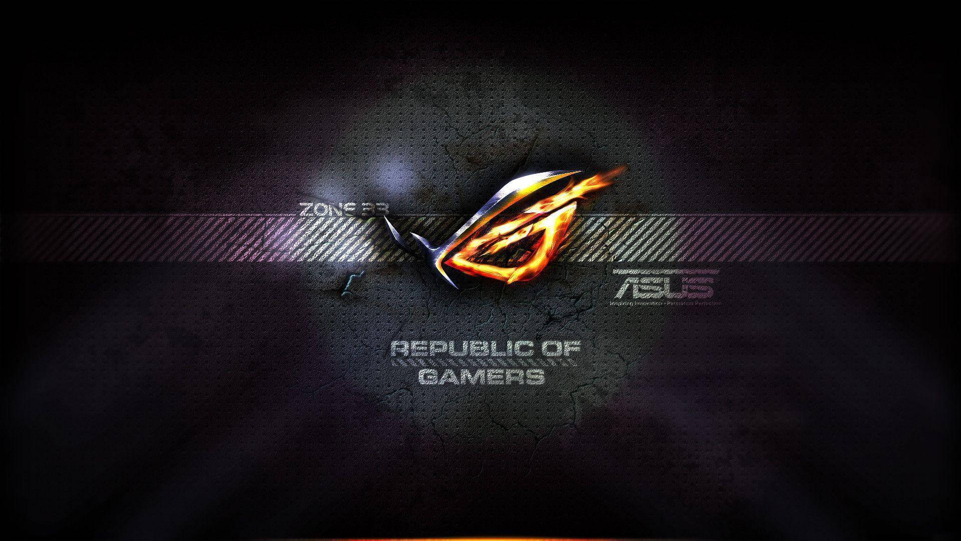 Rog 桌布 壁紙 — 發光的ROG標誌置中在深色紋理背景上，下方有'Republic of Gamers'文字。