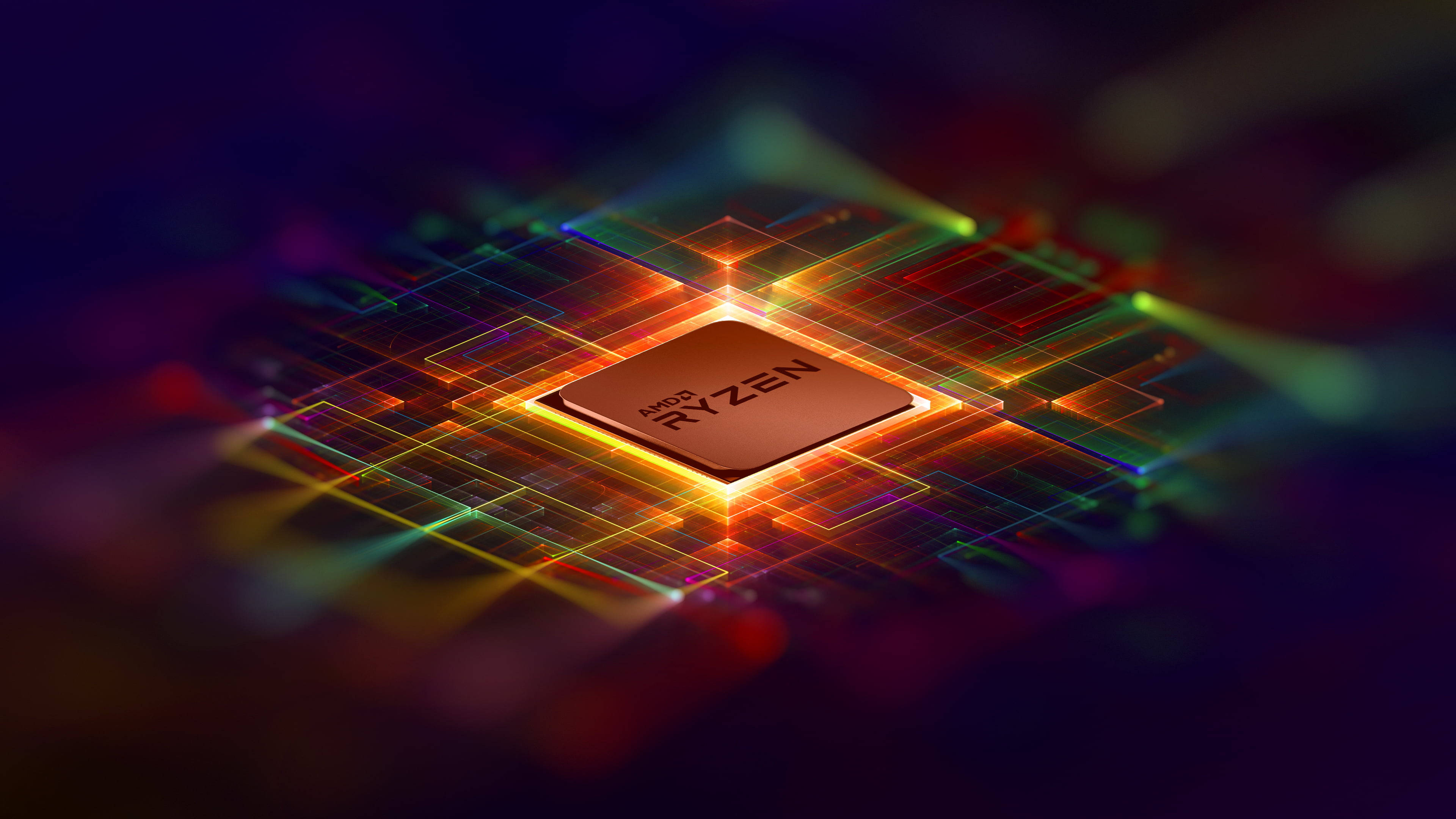 4K 桌布 壁紙 — 發光的Ryzen CPU晶片在黑暗抽象背景中散發出鮮豔的霓虹光，並帶有發光的電路線。