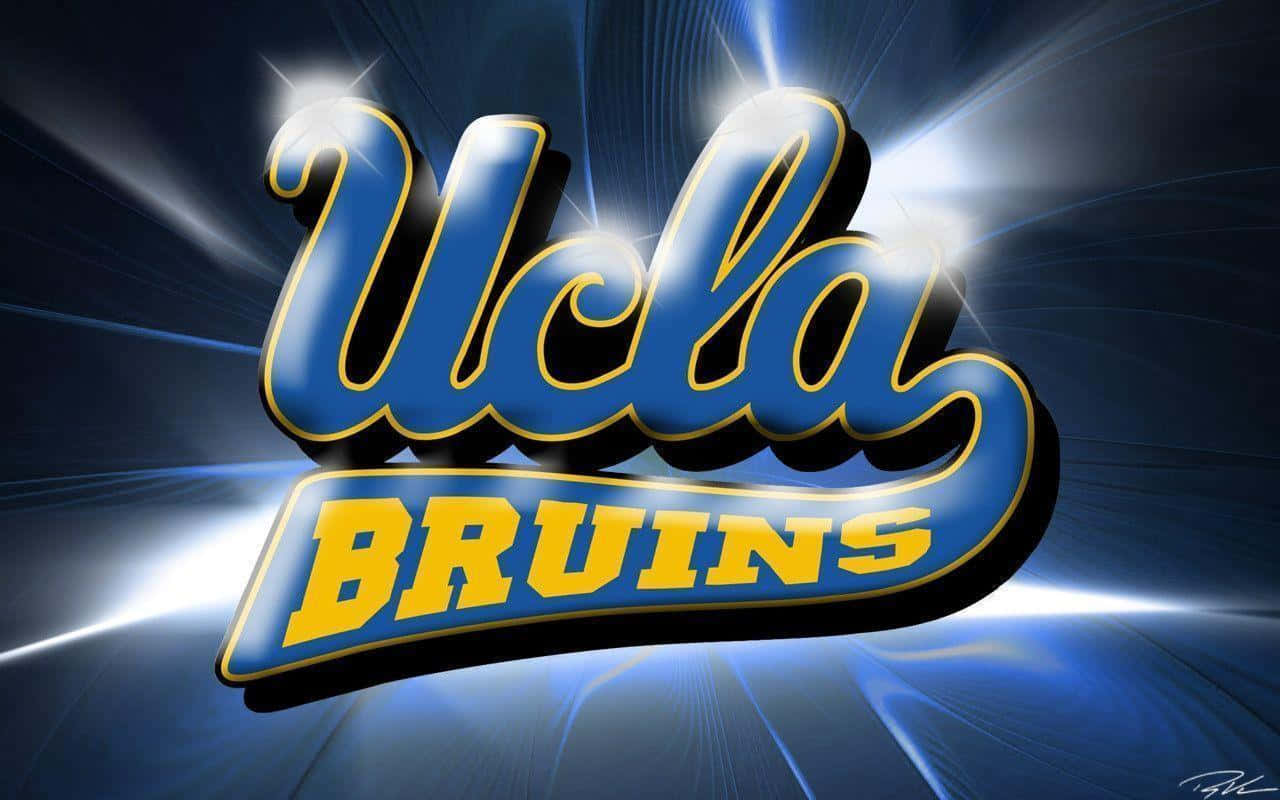 Ucla Campus 桌布 壁紙 — 發光的UCLA Bruins標誌，藍色和金色字體，在帶有明亮光線條的動態藍色背景上閃耀。