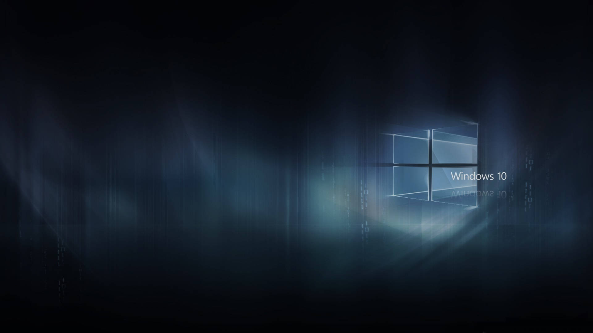 黑色 Windows 10 桌布 壁紙 — 發光的Windows 10標誌漂浮在黑暗的迷霧中，藍色光線和數位粒子在其周圍旋轉。