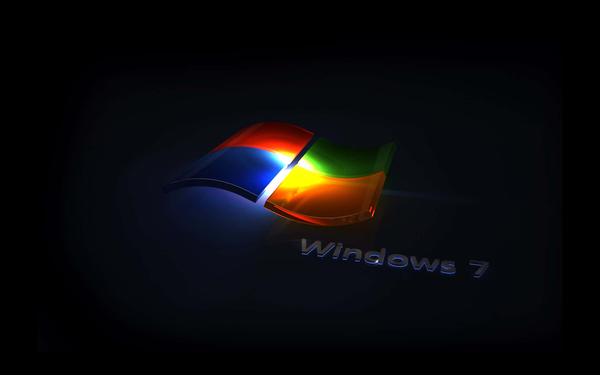 Windows 7 桌布 壁紙 — 發光的Windows 7標誌，色彩鮮豔，在帶有微妙光線的黑暗背景上閃耀。