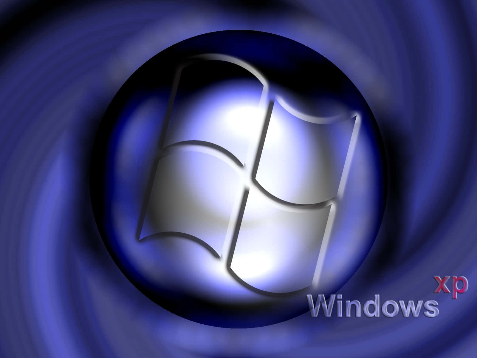 Windows XP 桌布 壁紙 — 發光的Windows XP標誌位於旋轉的藍色漩渦中心，帶有輻射光效。