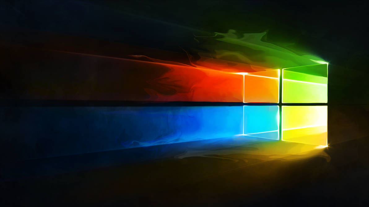 Windows 10 桌布 壁紙 — 發光的Windows標誌在黑暗煙霧背景中散發出鮮豔的彩虹光芒。