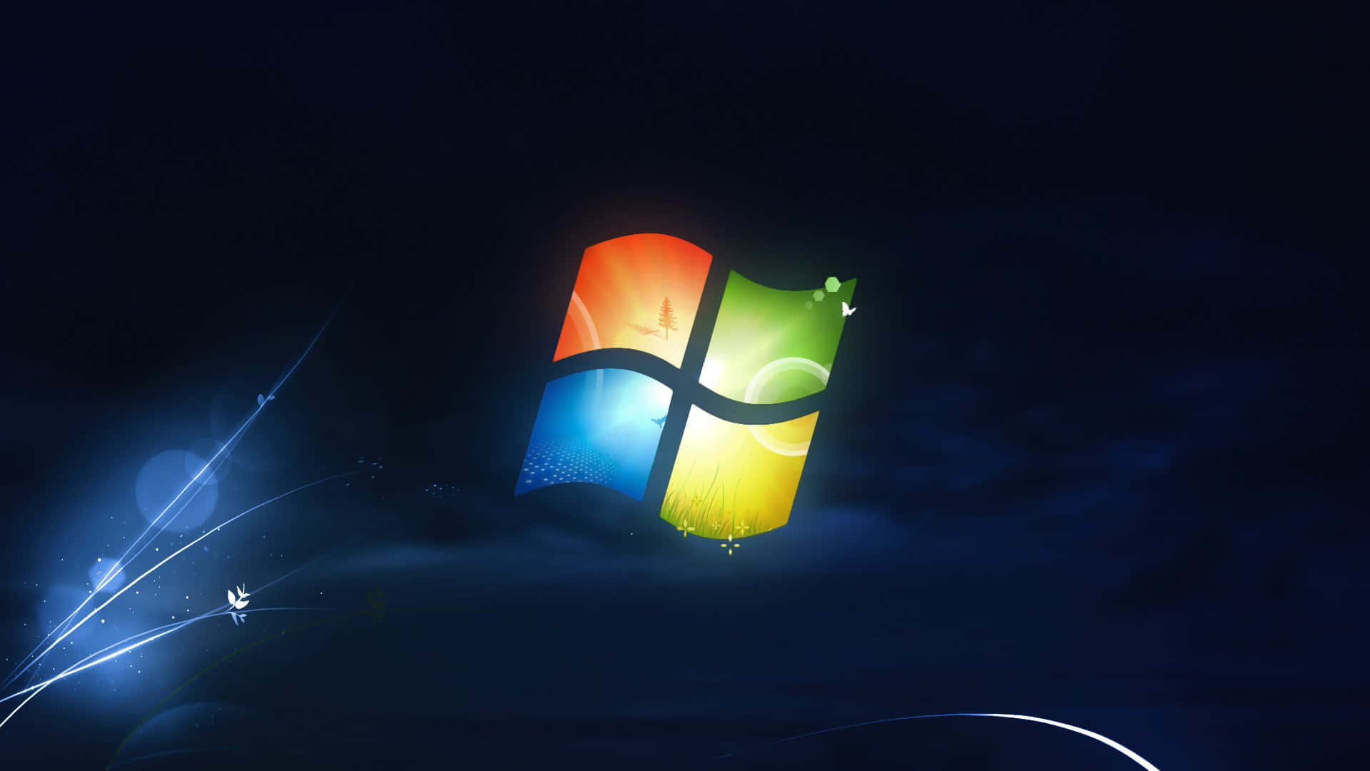Windows 桌布 壁紙 — 發光的Windows標誌在黑暗的宇宙背景中散發出色彩繽紛的光芒，帶有條紋和粒子。