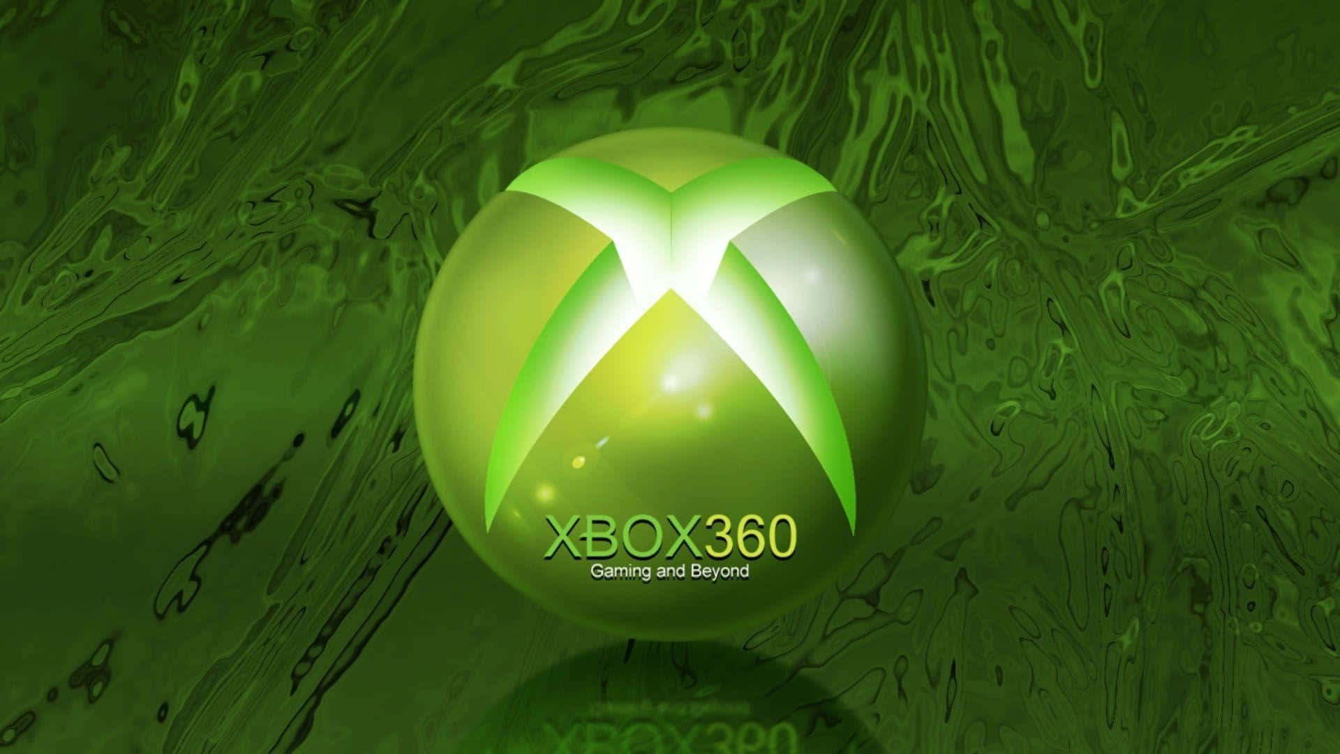 桌布 壁紙 — 發光的Xbox 360標誌球體，居中於帶有光反射的旋轉綠色抽象背景上。