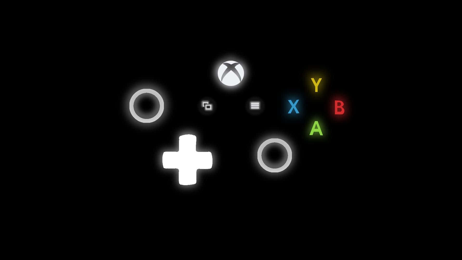 Xbox 桌布 壁紙 — 發光的Xbox控制器按鈕在黑色背景上漂浮，帶有鮮豔的彩色字母和符號。