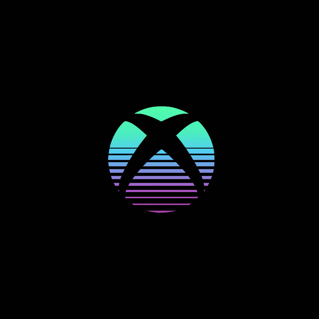 Retro 桌布 壁紙 — 發光的Xbox標誌，帶有漸層青綠色和紫色條紋，背景為黑色。