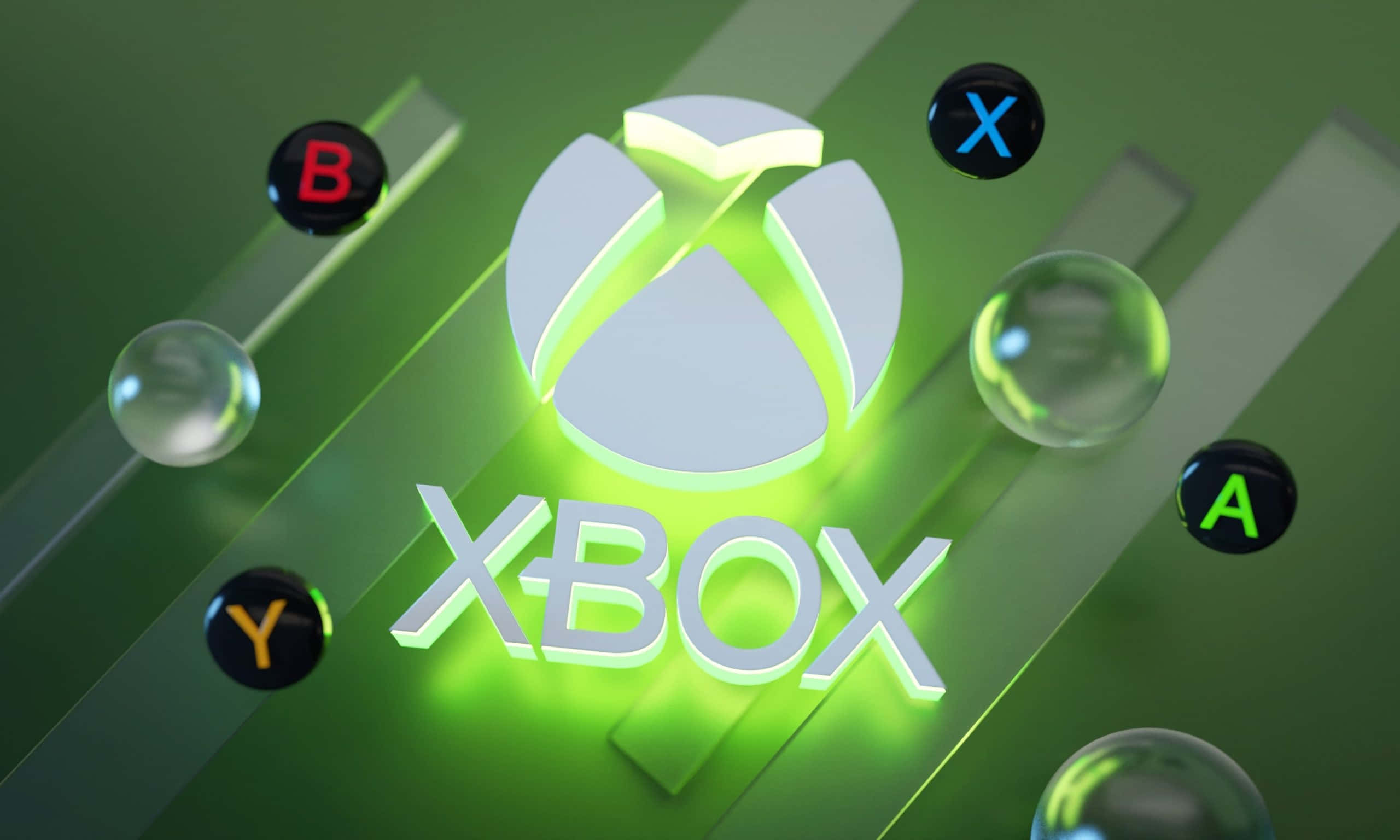 Xbox 桌布 壁紙 — 發光的Xbox標誌，彩色控制器按鈕漂浮在綠色玻璃表面上。