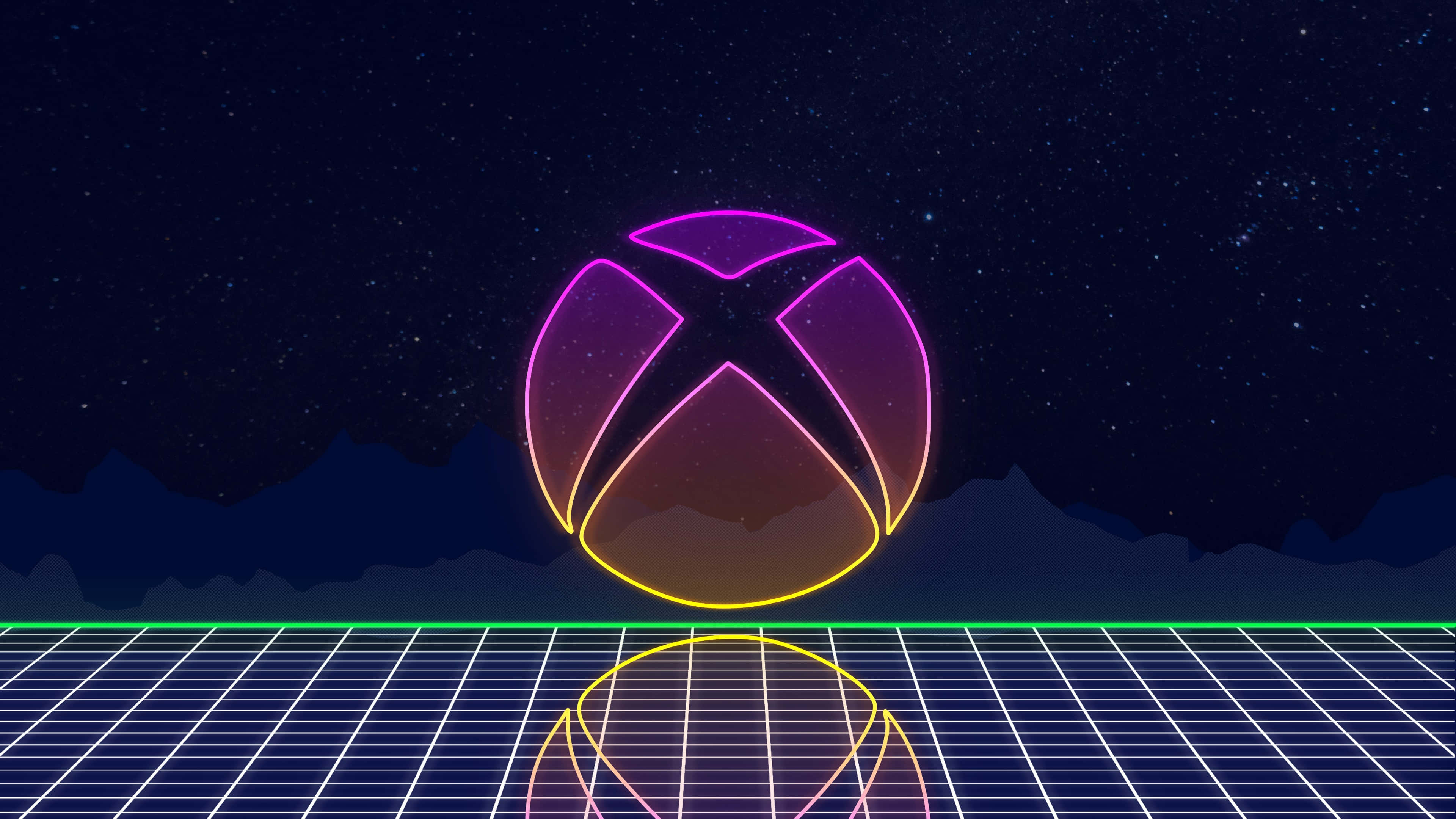 Xbox 桌布 壁紙 — 發光的Xbox標誌漂浮在霓虹網格上方，背景是星空夜空和山脈輪廓。