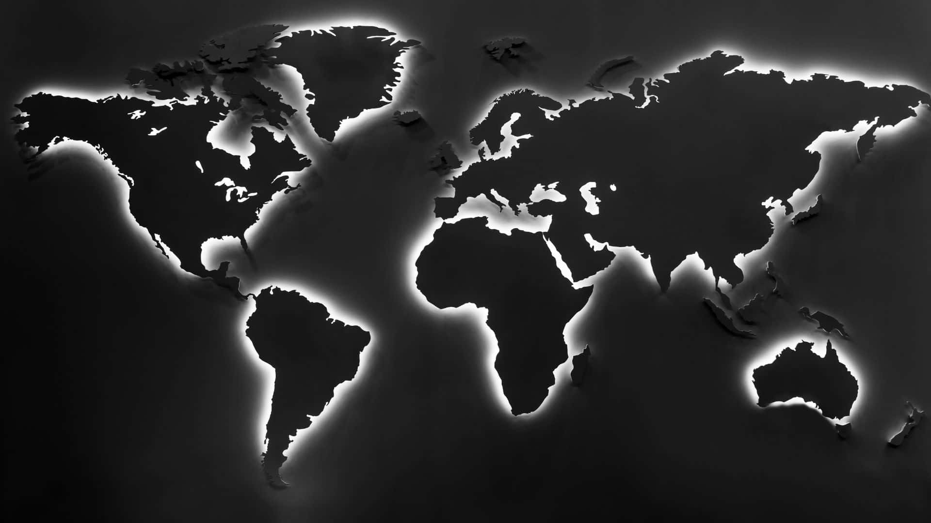Map 桌布 壁紙 — 發光的世界地圖輪廓，帶有明亮的白色線條，在深色漸變背景上。