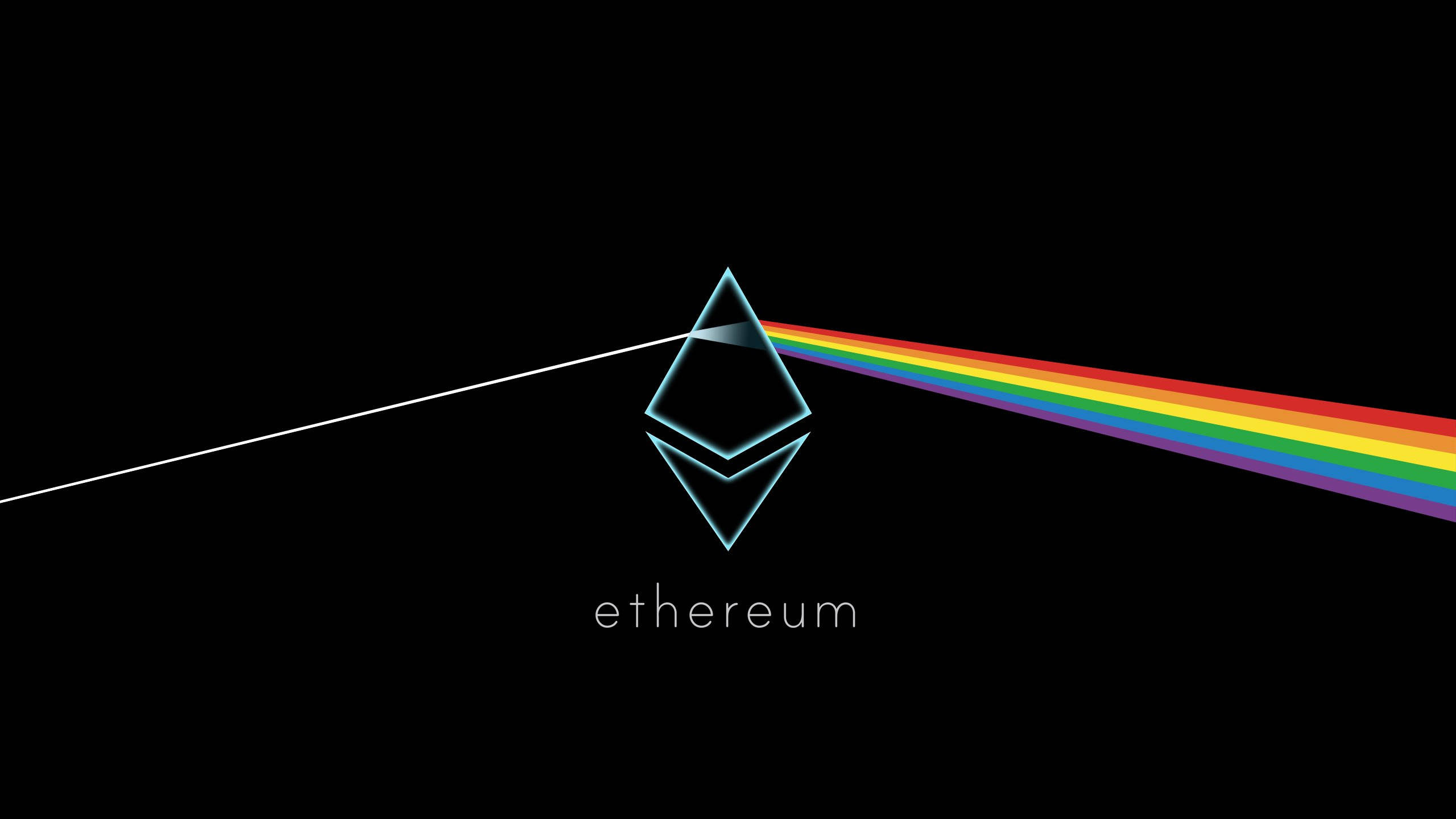 Cryptocurrency 桌布 壁紙 — 發光的以太坊標誌在黑色背景上將光折射成彩虹。