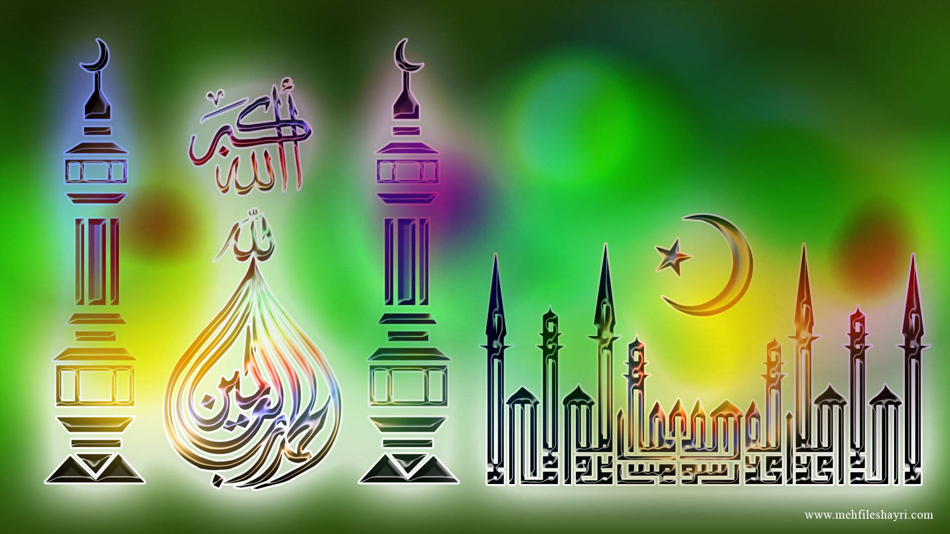 HD Islamic 桌布 壁紙 — 發光的伊斯蘭宣禮塔和書法在充滿活力的黃綠色散景背景中閃耀。
