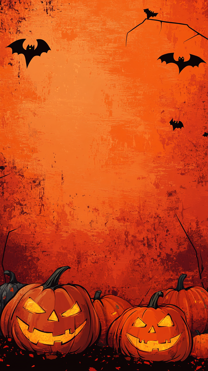 Pumpkin Aesthetic 桌布 壁紙 — 發光的傑克南瓜燈，帶有尖銳的三角形眼睛和咧嘴笑的嘴巴，位於有紋理的橙色牆壁底部，蝙蝠剪影在頭頂飛翔。