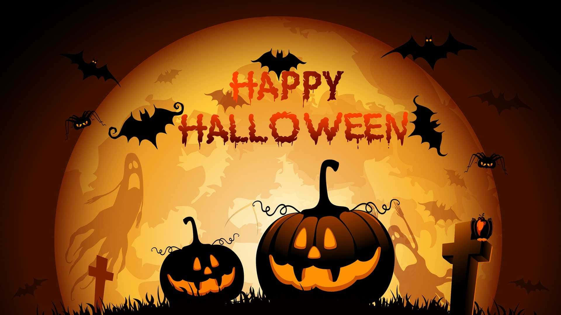 Spooky Halloween 桌布 壁紙 — 發光的傑克南瓜燈和蝙蝠在巨大的橙色月亮前飛翔，帶有「Happy Halloween」文字。