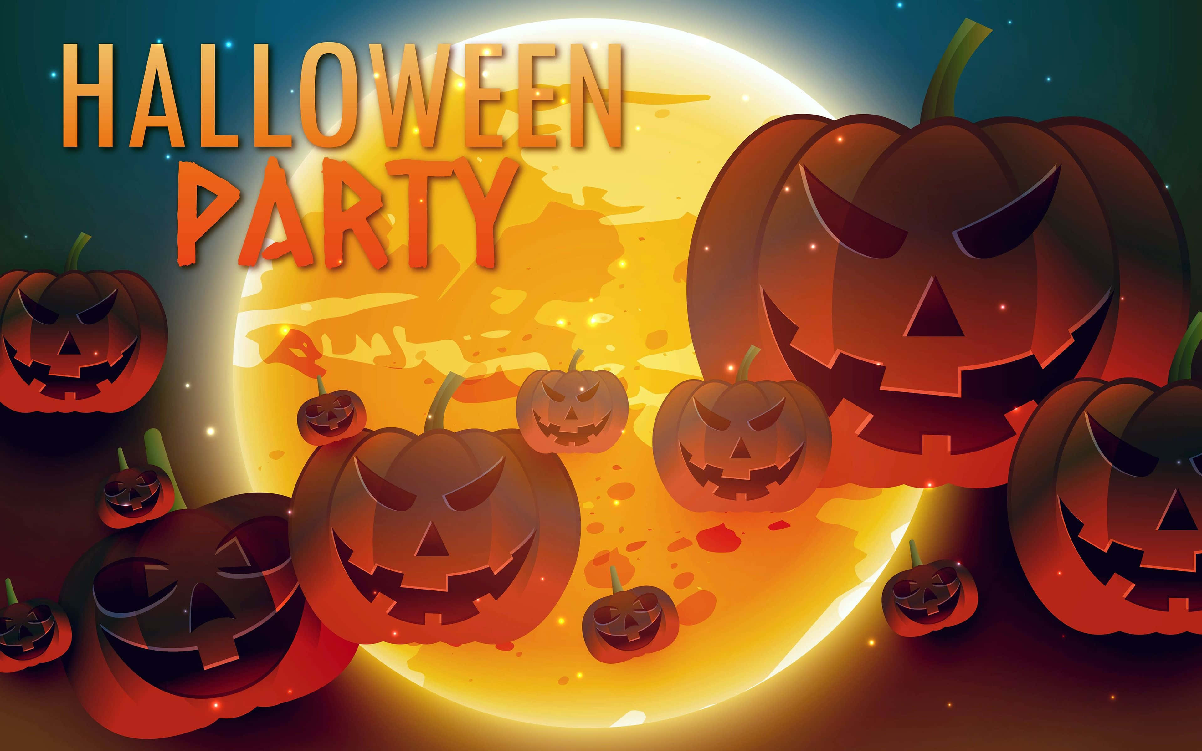 Halloween Pumpkin 桌布 壁紙 — 發光的傑克南瓜燈在黑暗星空下飄浮在一個巨大的橙色月亮前，並帶有粗體的萬聖節派對文字。
