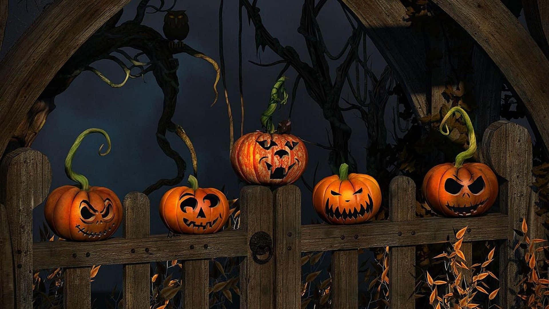 Scary Halloween Desktop 桌布 壁紙 — 發光的傑克南瓜燈帶著邪惡的笑容，坐在風化的木柵欄上，背景是黑暗詭異的天空和扭曲的樹木。