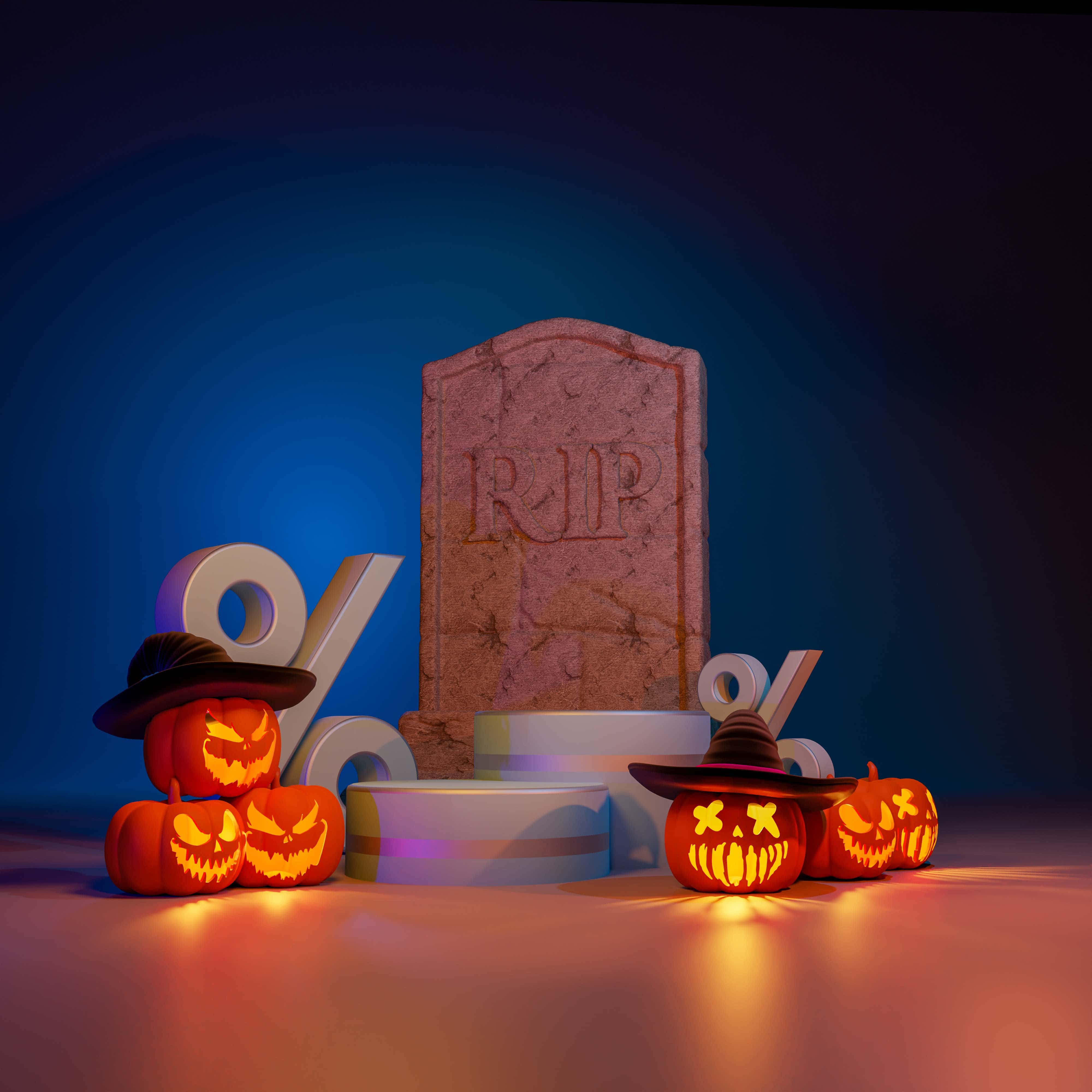 jack o'lantern 桌布 壁紙 — 發光的傑克南瓜燈戴著巫婆帽，兩側襯托著刻有 RIP 的墓碑，背景為漸變藍色。
