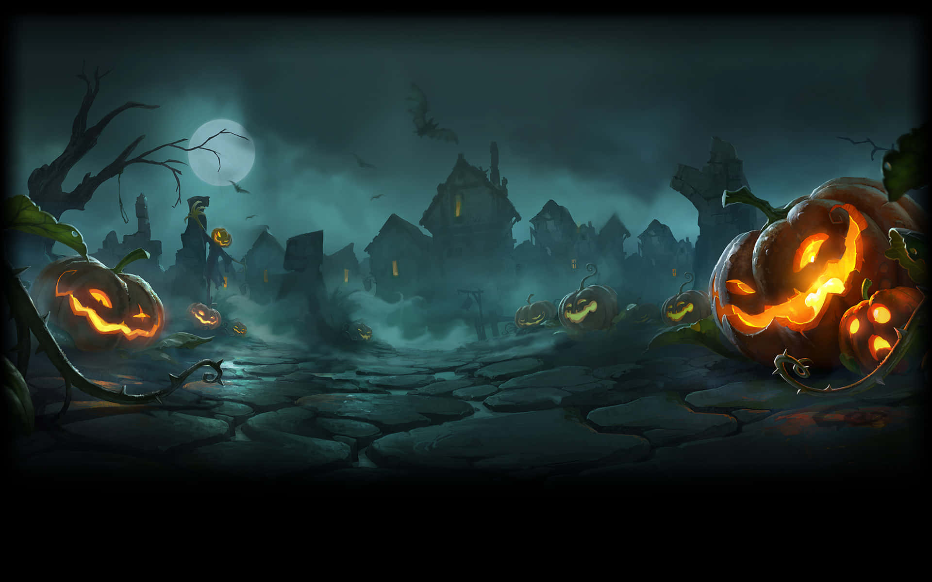 Halloween Profile 桌布 壁紙 — 發光的傑克南瓜燈排列在鵝卵石小徑上，穿過滿月下霧氣瀰漫的鬼村。