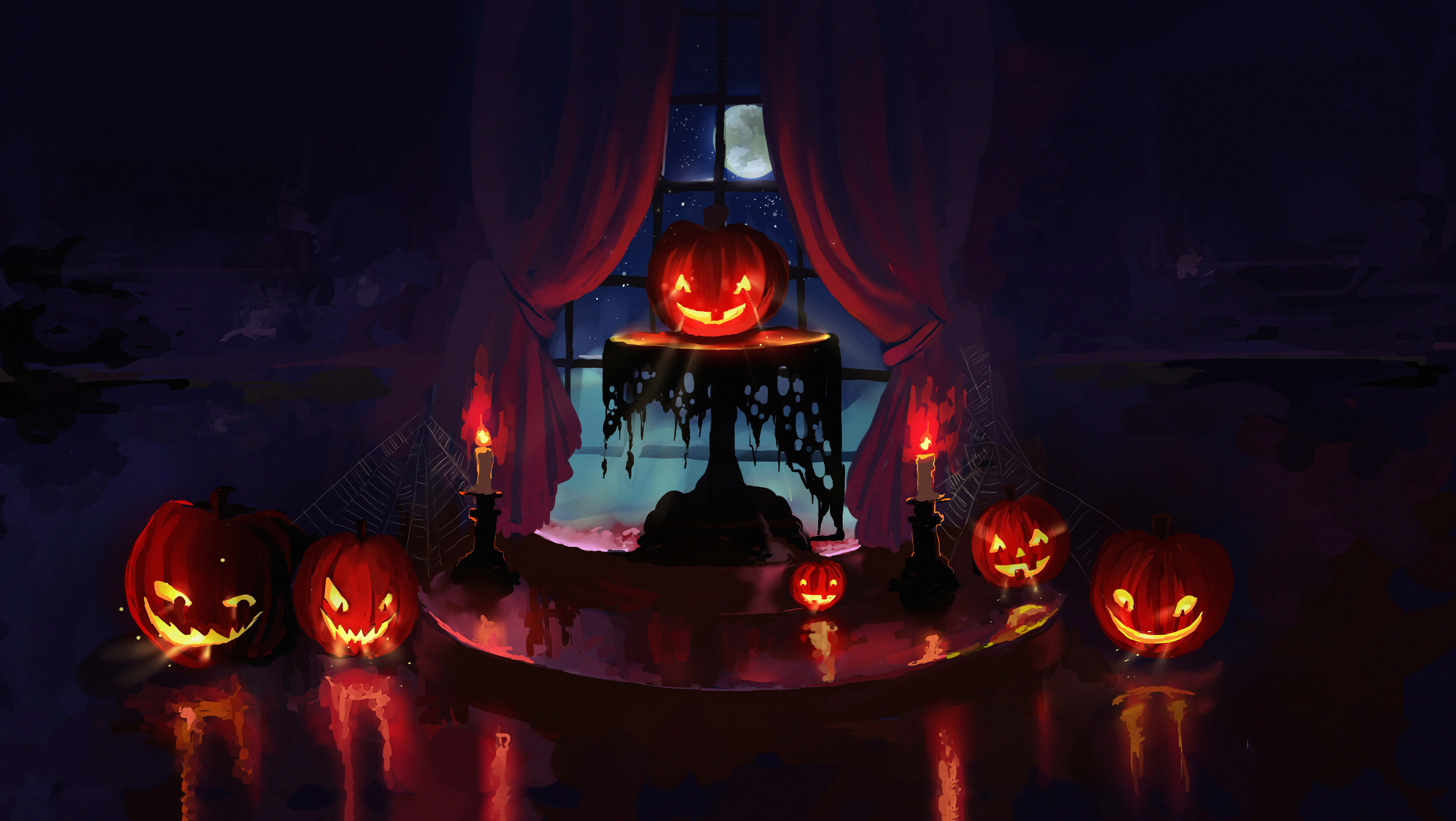 Jack O Lantern 桌布 壁紙 — 發光的傑克南瓜燈照亮了夜晚陰森的房間，透過窗簾可以看到滿月。