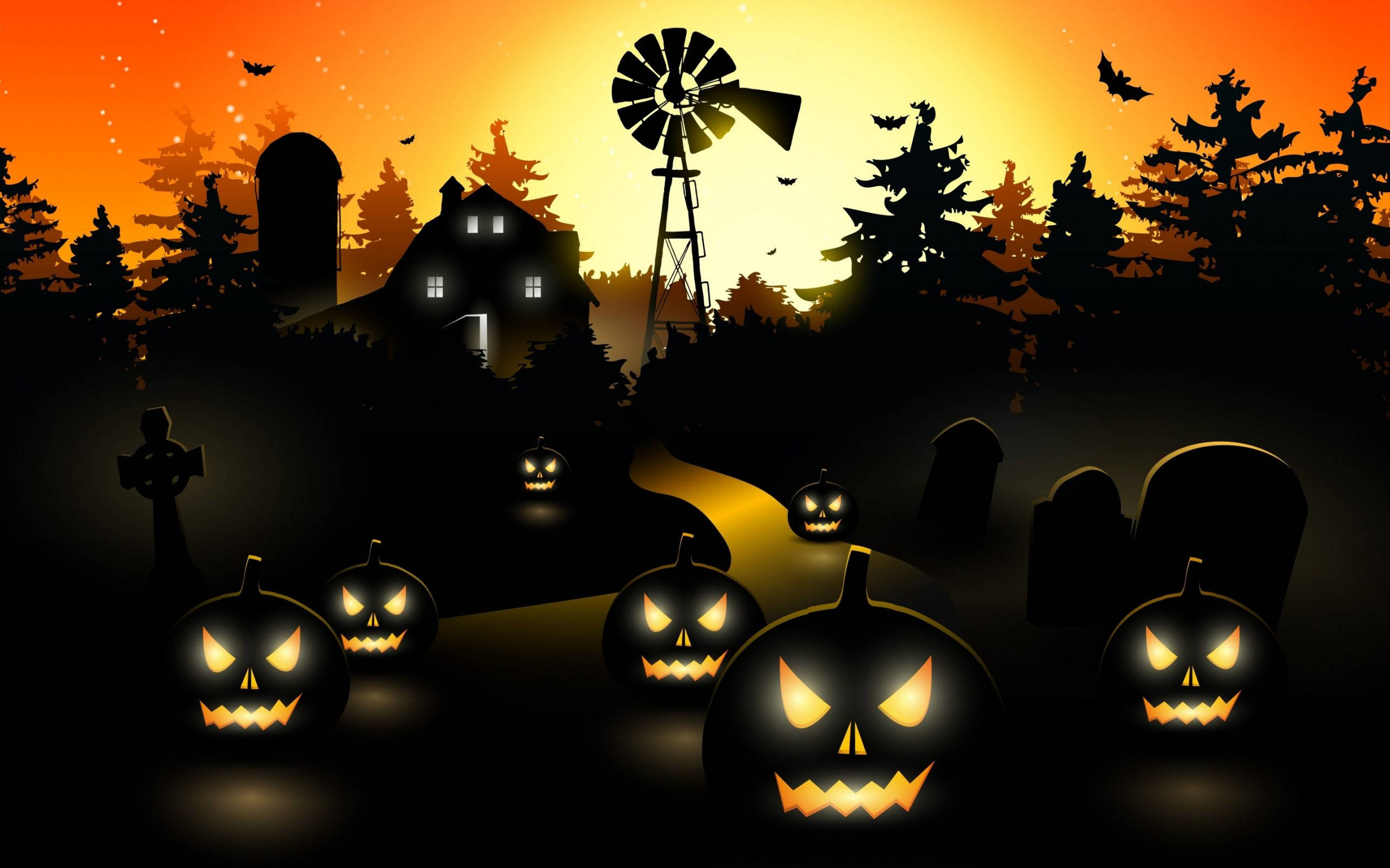 Spooky Season 桌布 壁紙 — 發光的傑克南瓜燈照亮了日落時分陰森的墓地，一座鬧鬼的農舍和風車在橙色天空的映襯下呈現出剪影。