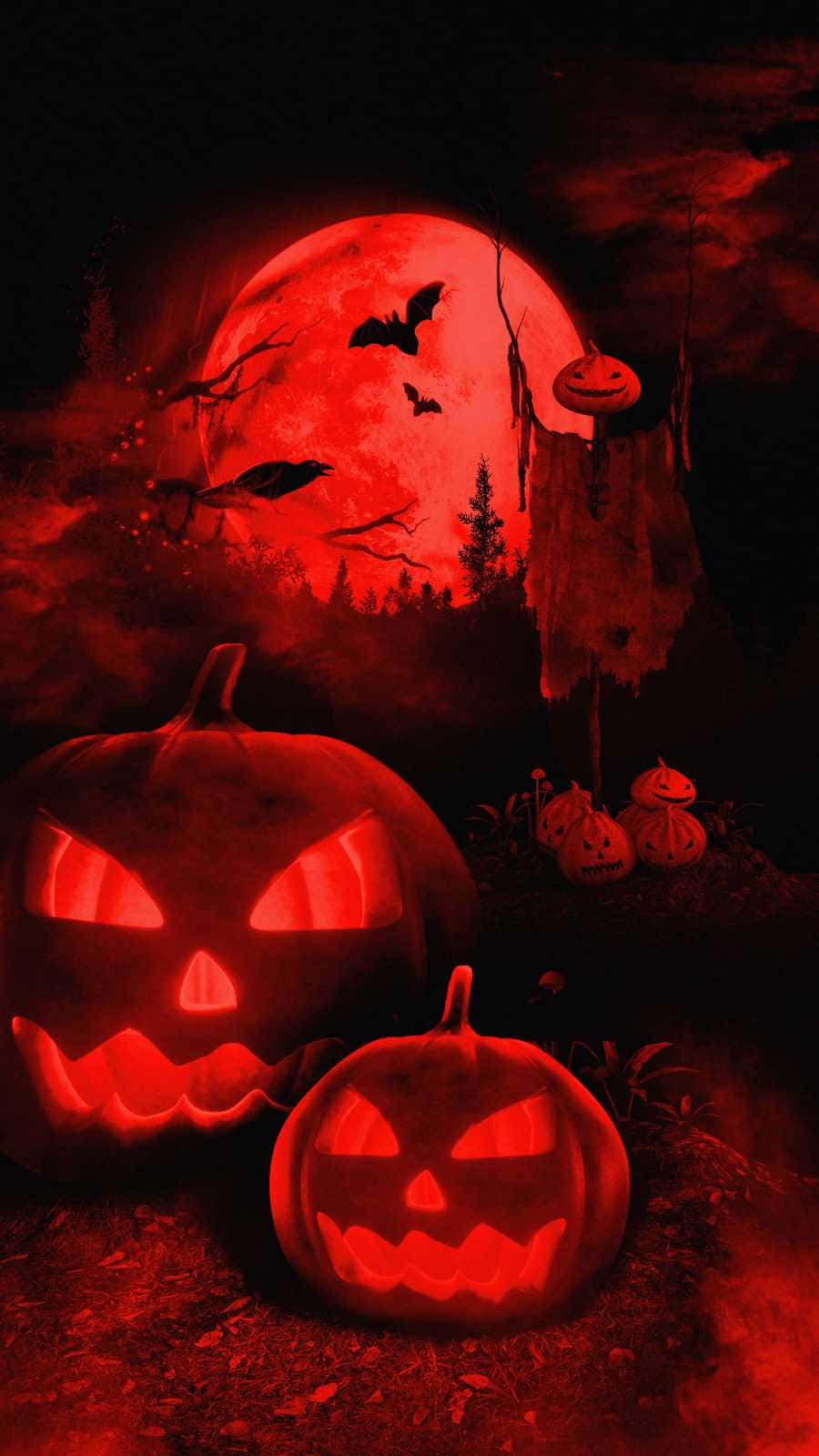 iPhone Halloween 桌布 壁紙 — 發光的傑克南瓜燈照亮了血紅色月亮下的陰森森林，蝙蝠飛舞。