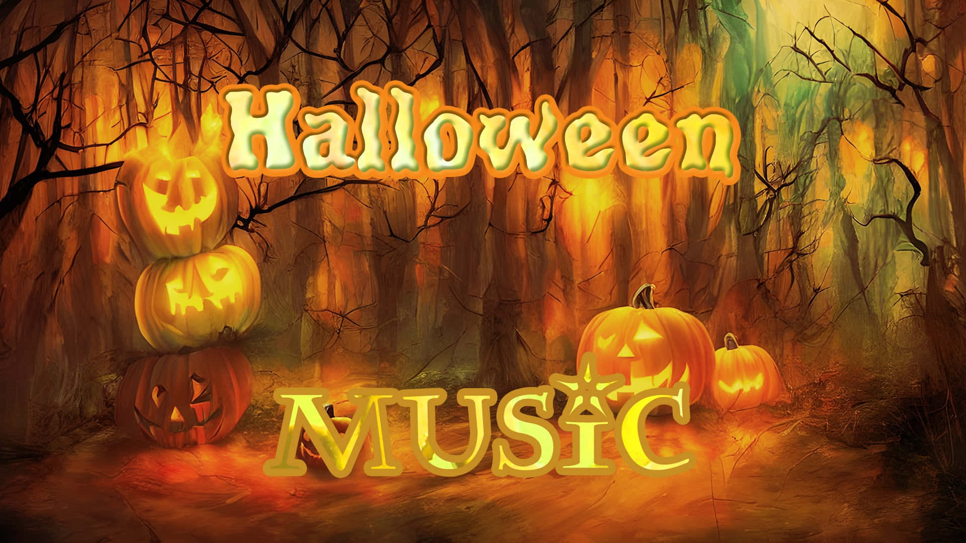 Halloween Music 桌布 壁紙 — 發光的傑克南瓜燈用火熱的橙色光芒照亮陰森的森林，投射出詭異的影子。