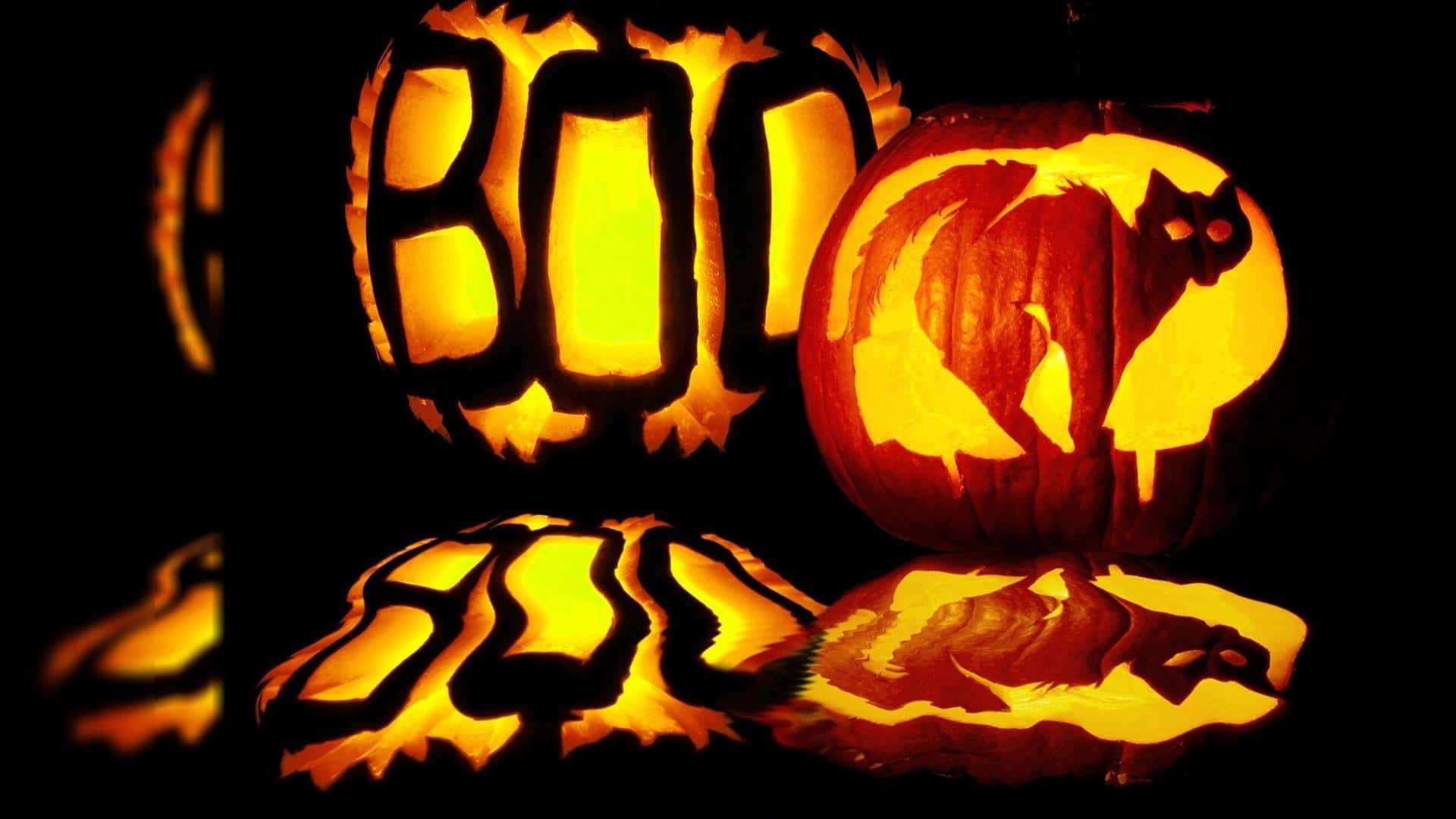 3d Halloween 桌布 壁紙 — 發光的傑克南瓜燈雕刻有 'BOO' 和貓剪影，在黑色背景的反射表面上投射溫暖的光線。