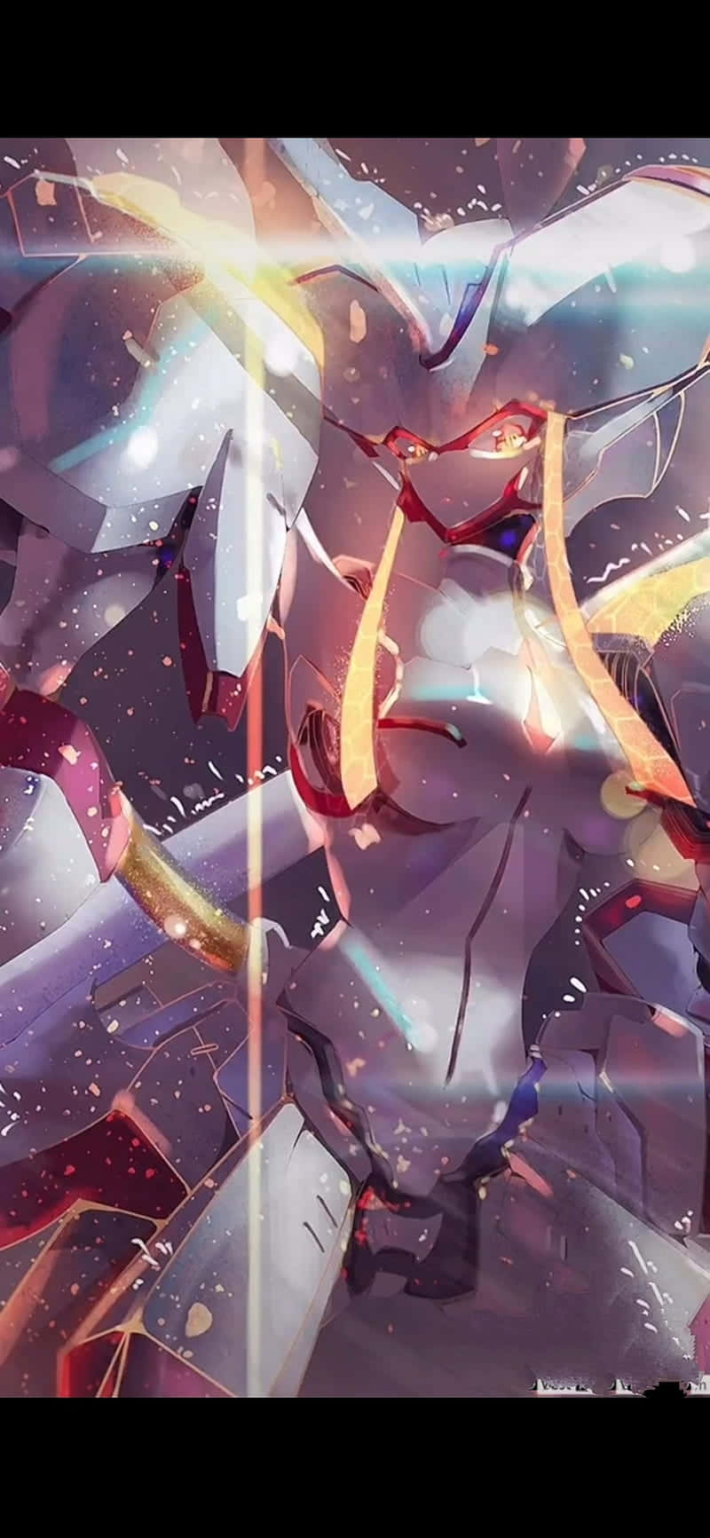 Darling In The Franxx Phone 桌布 壁紙 — 發光的動漫機甲，帶有紅色點綴和金色光束，漂浮在宇宙場景中的粒子之間。