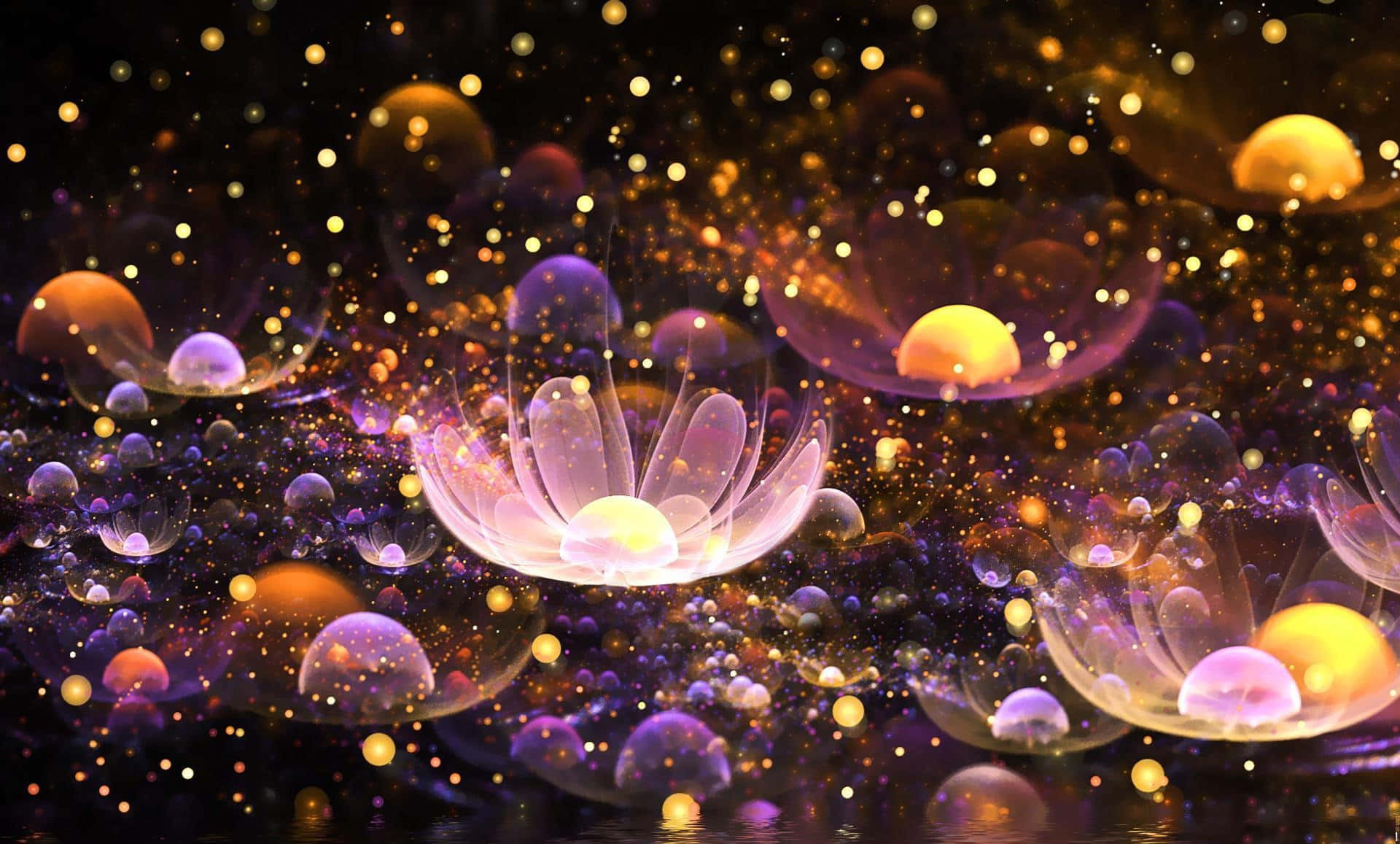 蓮花 桌布 壁紙 — 發光的半透明水母漂浮在黑暗的宇宙海中，點綴著金色粒子和紫色色調。