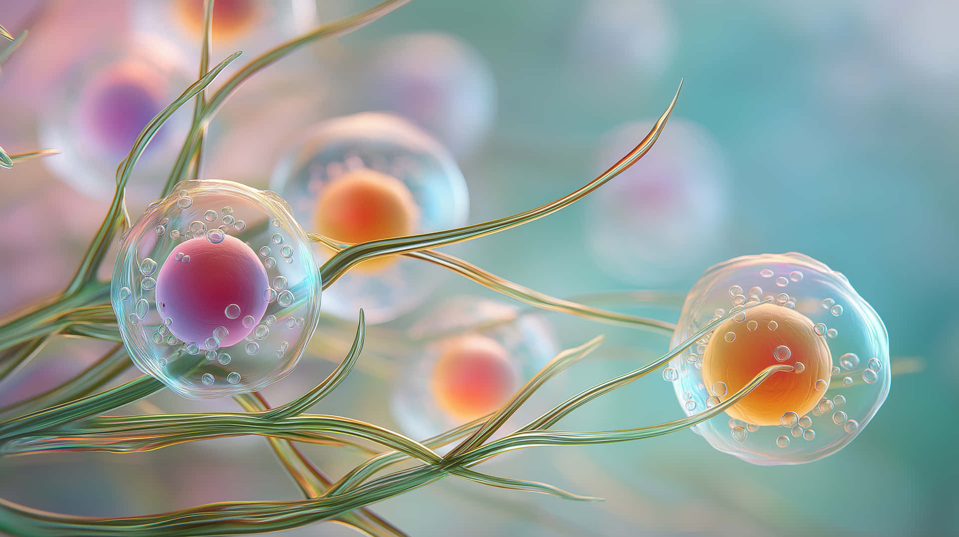 Microscopic View of Living Cells and Organic Structures 壁紙 — 發光的半透明球體，帶有粉紅色和橙色核心，漂浮在纖細的綠色卷鬚之間，背景為柔和的青綠色。
