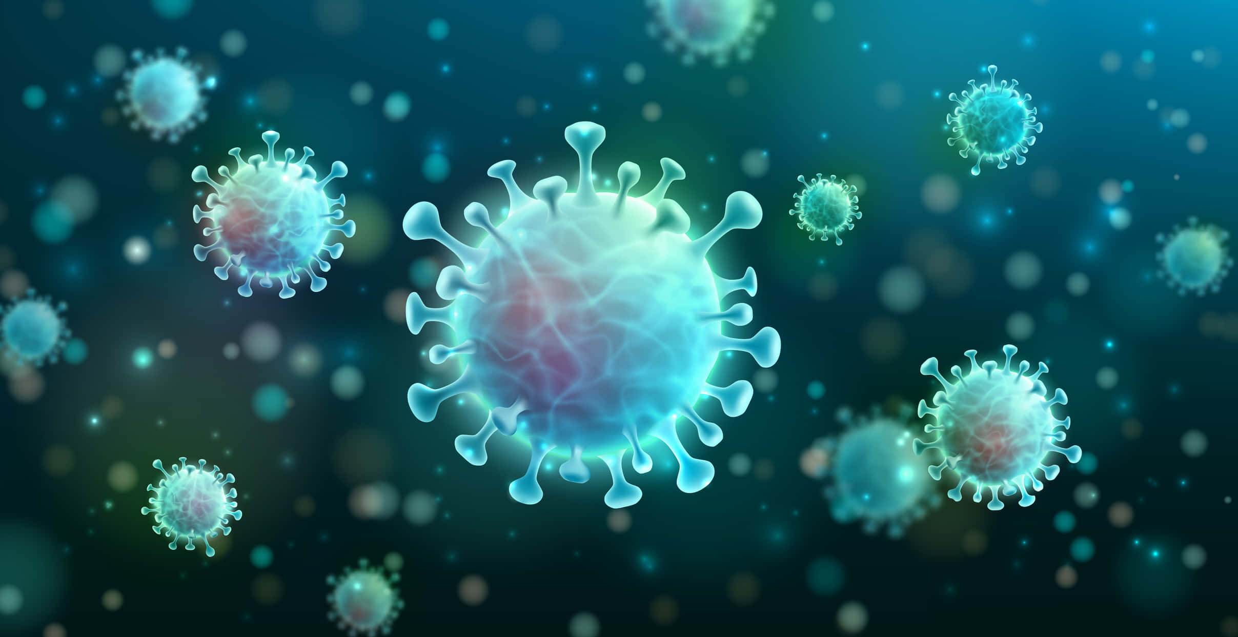 Coronavirus 桌布 壁紙 — 發光的半透明病毒粒子在深藍綠色背景上漂浮，帶有散景燈光。