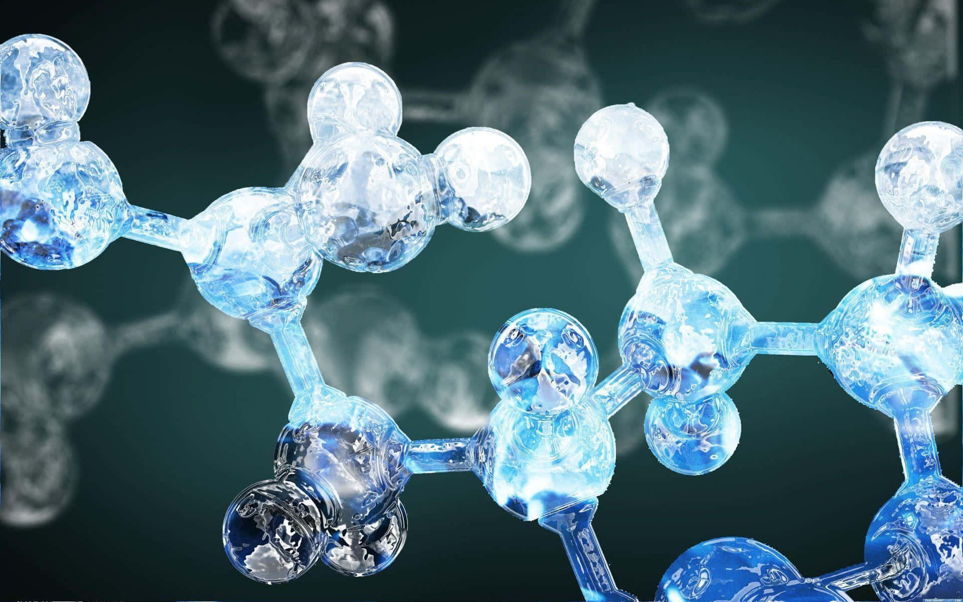 化學 桌布 壁紙 — 發光的半透明藍色分子結構漂浮在帶有模糊科學圖案的深綠色背景上。