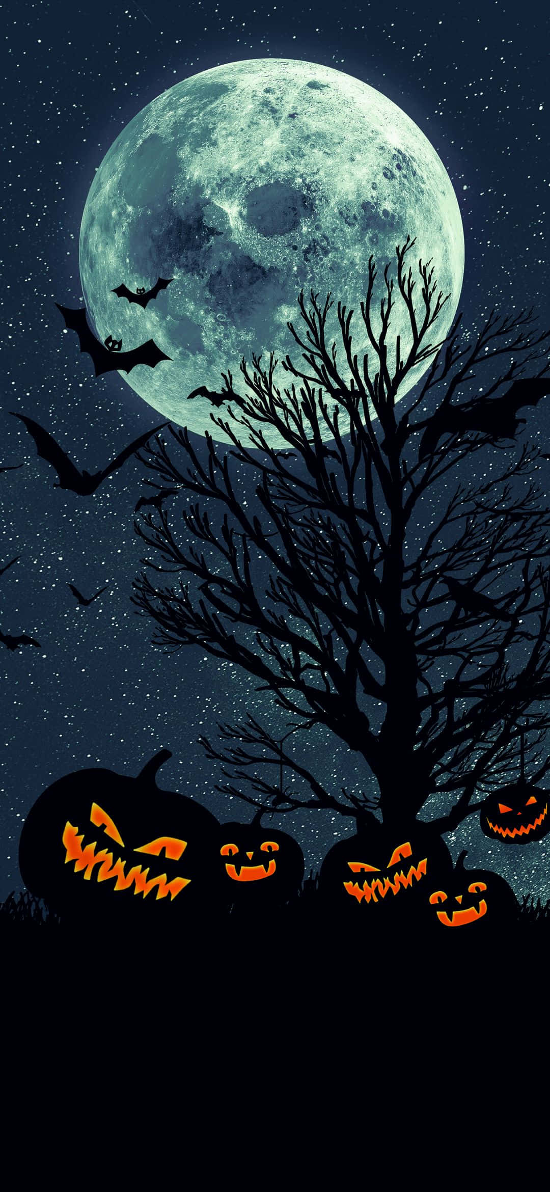 Neon Halloween 桌布 壁紙 — 發光的南瓜燈放在一棵光禿禿的樹下，蝙蝠在繁星點點的夜空中，在巨大的蒼白月亮下飛翔。