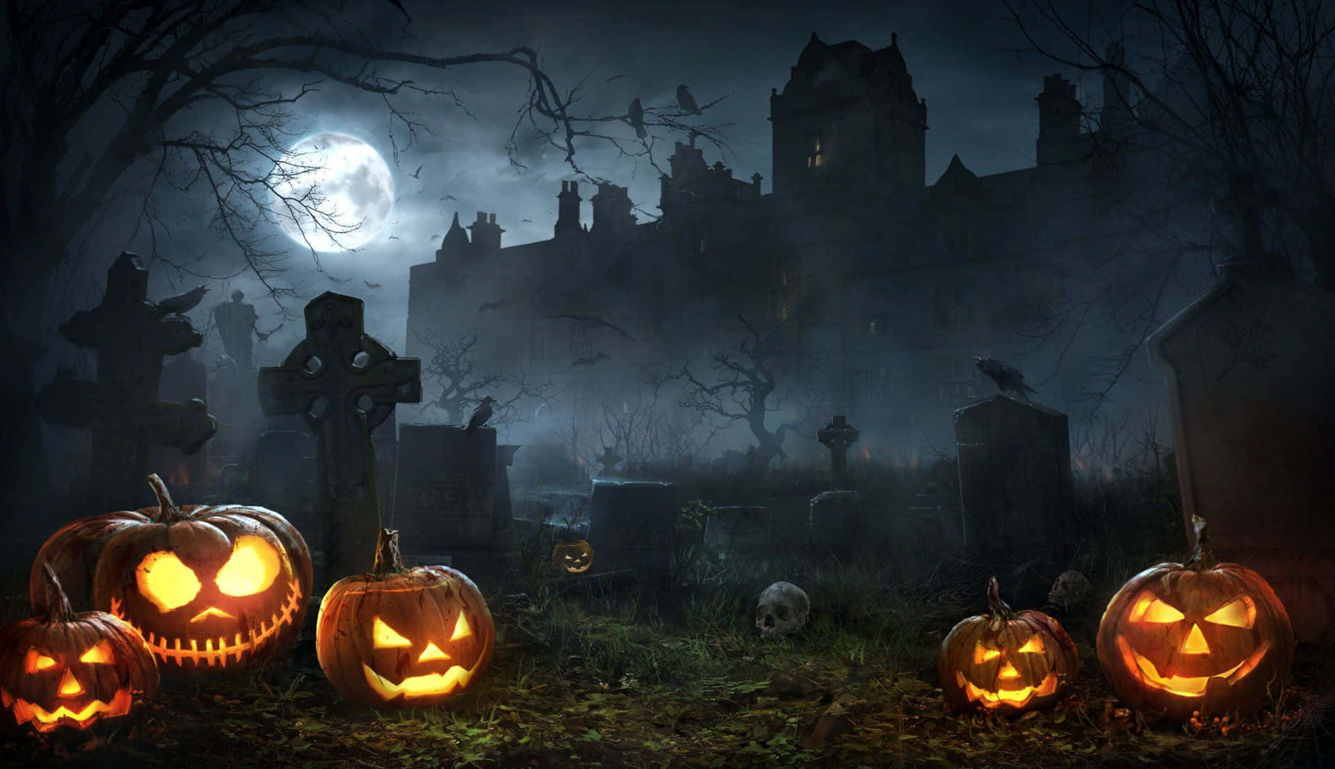 Halloween Profile 桌布 壁紙 — 發光的南瓜燈照亮了滿月下的霧氣瀰漫的墓地，背景中有一座鬼魅城堡若隱若現。