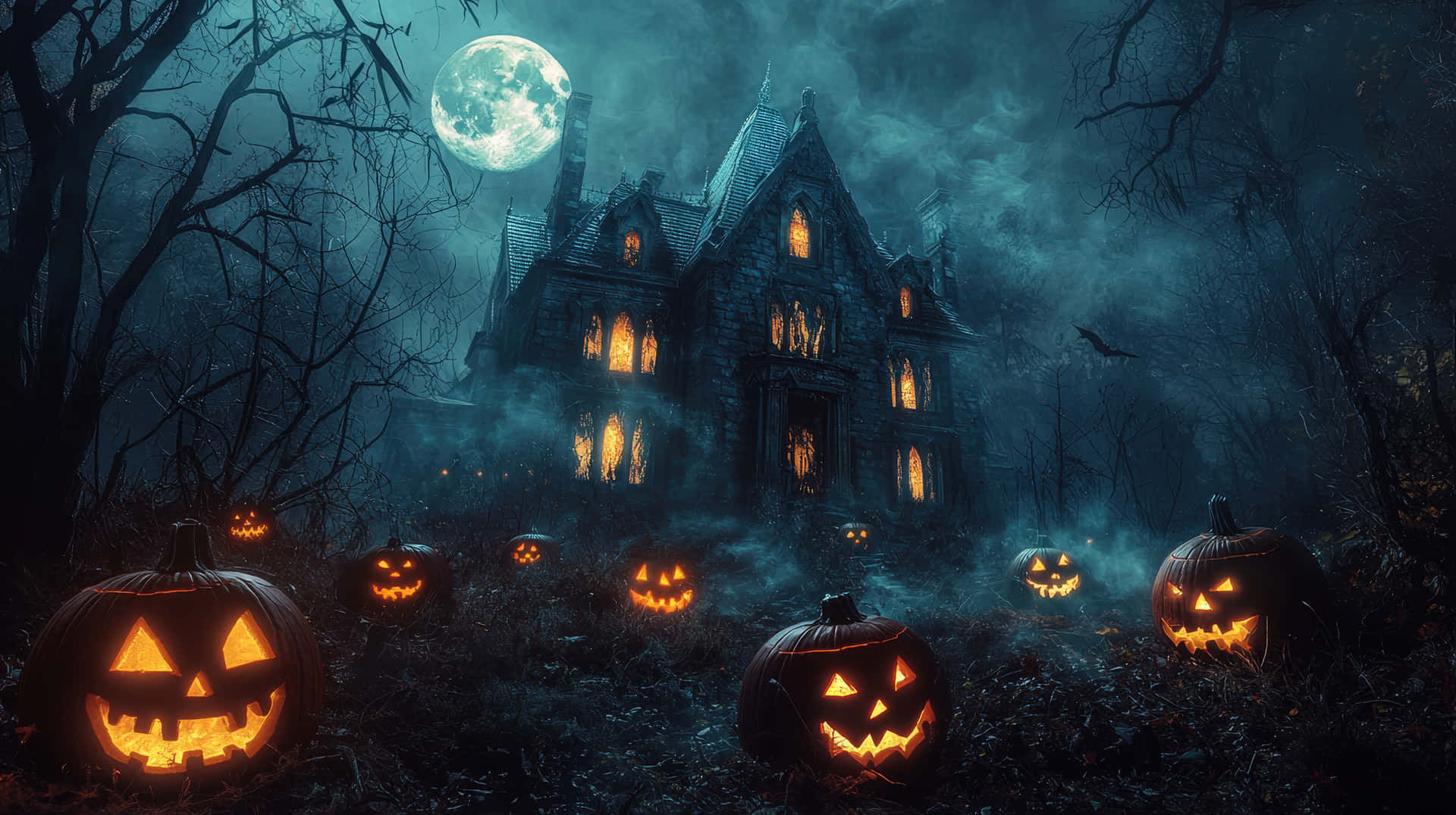 A spooky haunted mansion surrounded by glowing jack-o'-lanterns on a misty Halloween night 壁紙 — 發光的南瓜燈照亮了通往滿月下鬧鬼大宅的迷霧森林小徑。