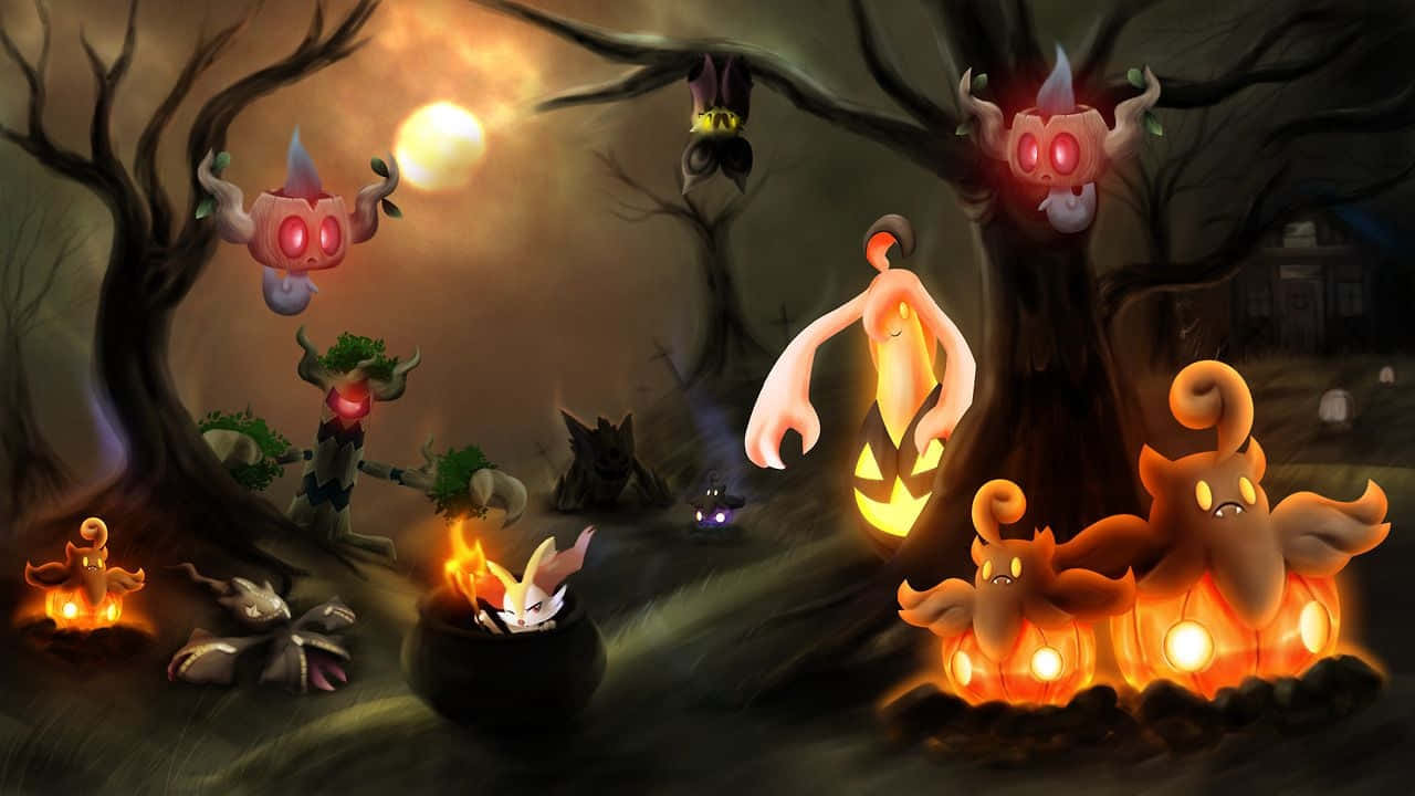 Ghost Pokemon 桌布 壁紙 — 發光的南瓜燈生物，紅眼睛，在滿月下的陰森森林中聚集。
