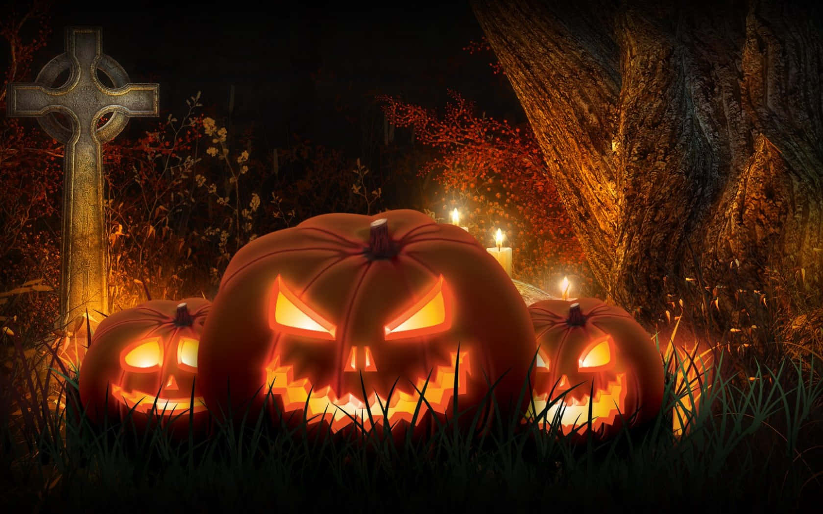 Spooky Halloween 桌布 壁紙 — 發光的南瓜燈籠帶有兇惡面孔，放在黑暗的墓地中，旁邊有凱爾特十字架和閃爍的蠟燭。
