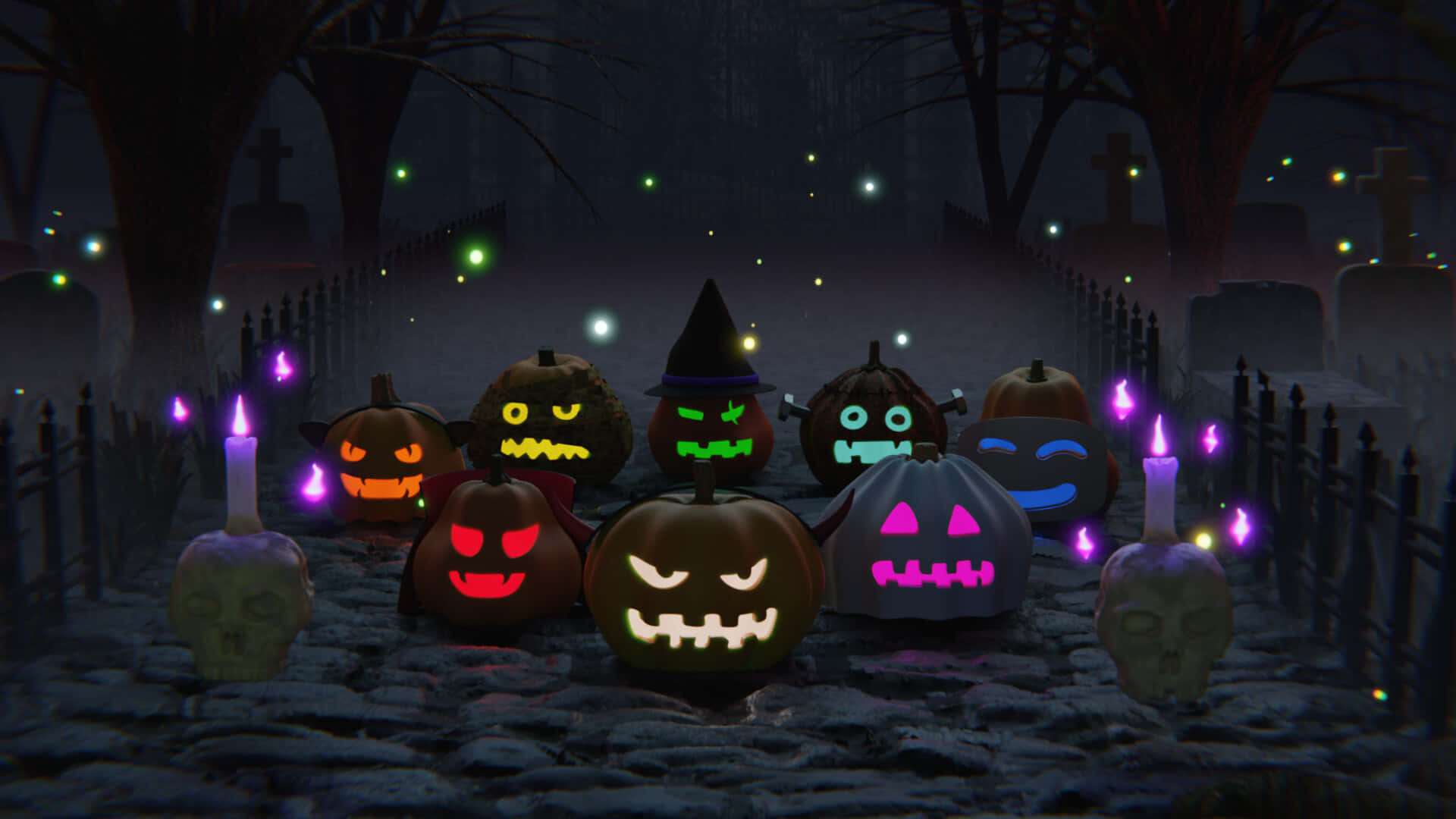 Neon Halloween 桌布 壁紙 — 發光的南瓜燈籠帶著詭異表情，夜晚坐在霧氣瀰漫的墓地中，周圍環繞著蠟燭和墓碑。