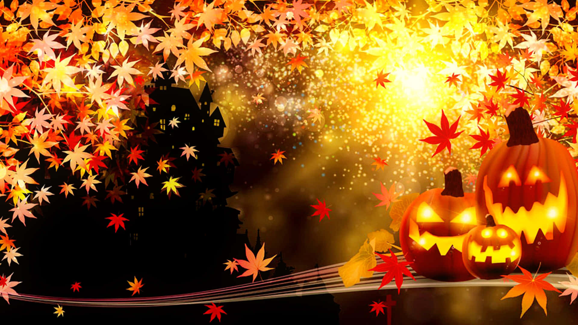 Beautiful Halloween 桌布 壁紙 — 發光的南瓜燈籠放在熾熱秋葉瀑布下，背景是黑暗鬼屋的剪影。