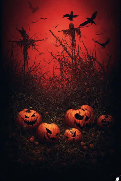 Sinister Pumpkin Patch at Dusk – Chilling Halloween 4K 壁紙 — 發光的南瓜燈籠放在纏繞的樹枝間，血紅的天空下，有剪影般的稻草人和飛翔的烏鴉。